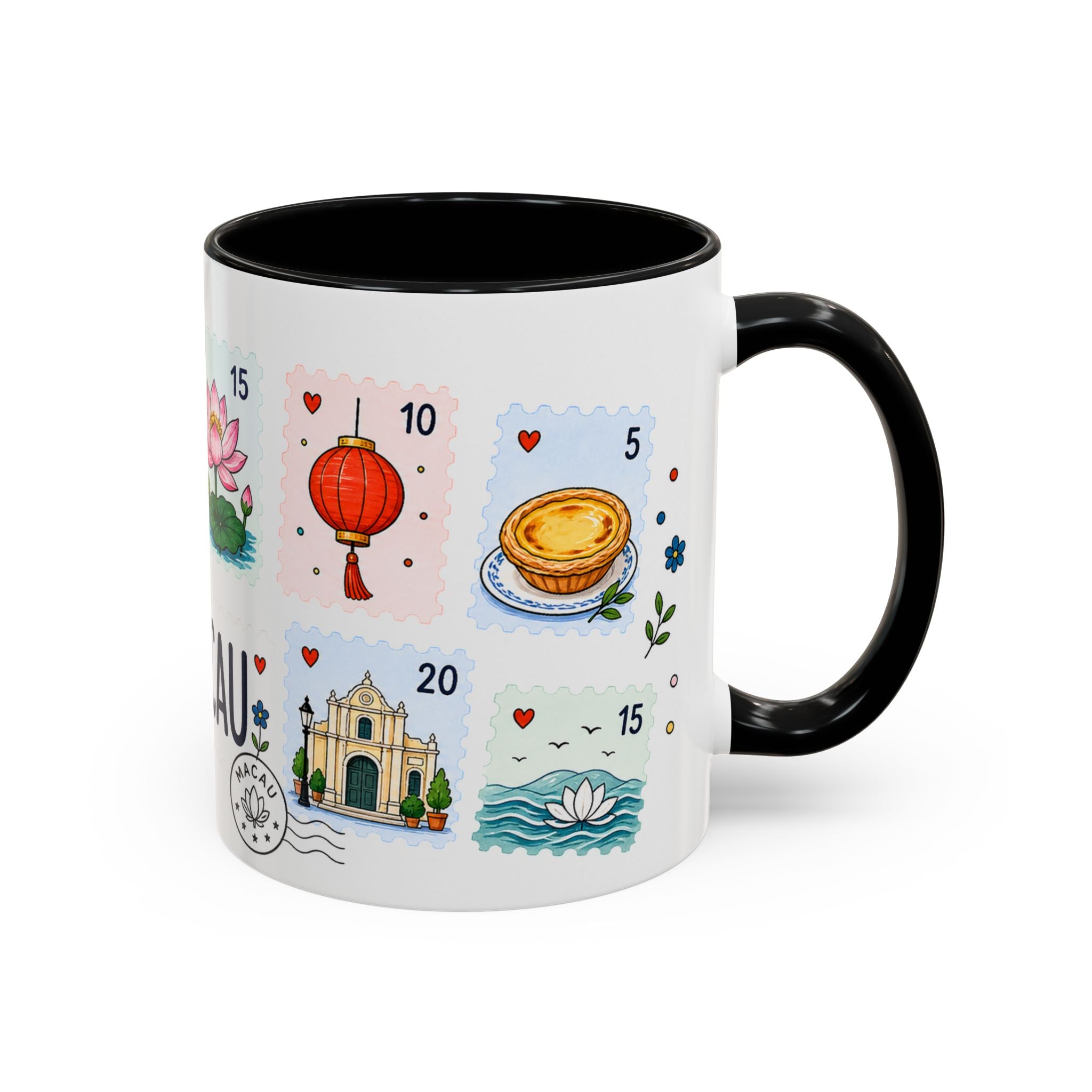 Macau Coffee Mug | Postage Stamp Collage Mug | Travel Souvenir Accent Cup 11oz 15oz
