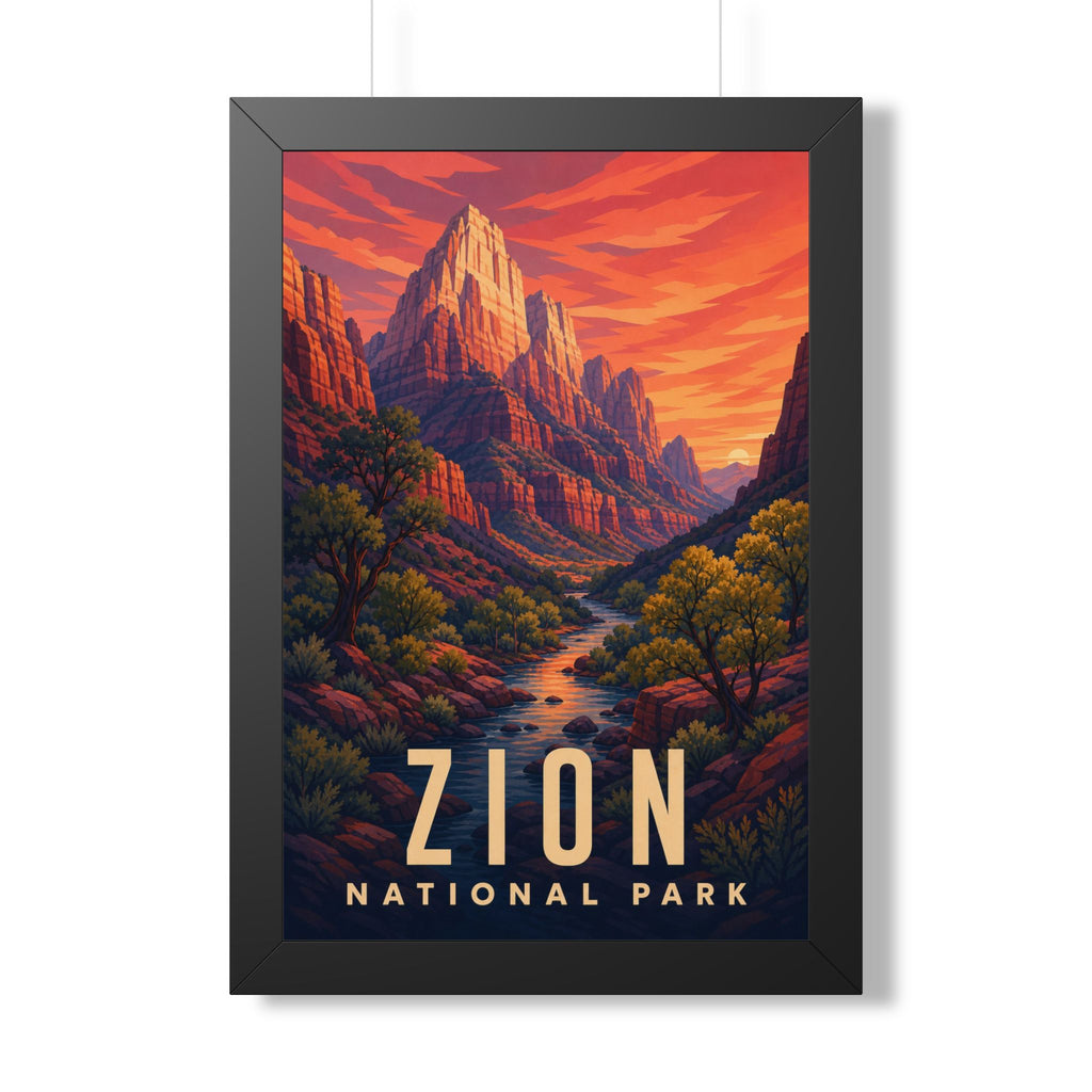 Zion National Park Framed Poster | Vintage Travel Wall Art | Black Walnut White Frame | 16x24 20x30