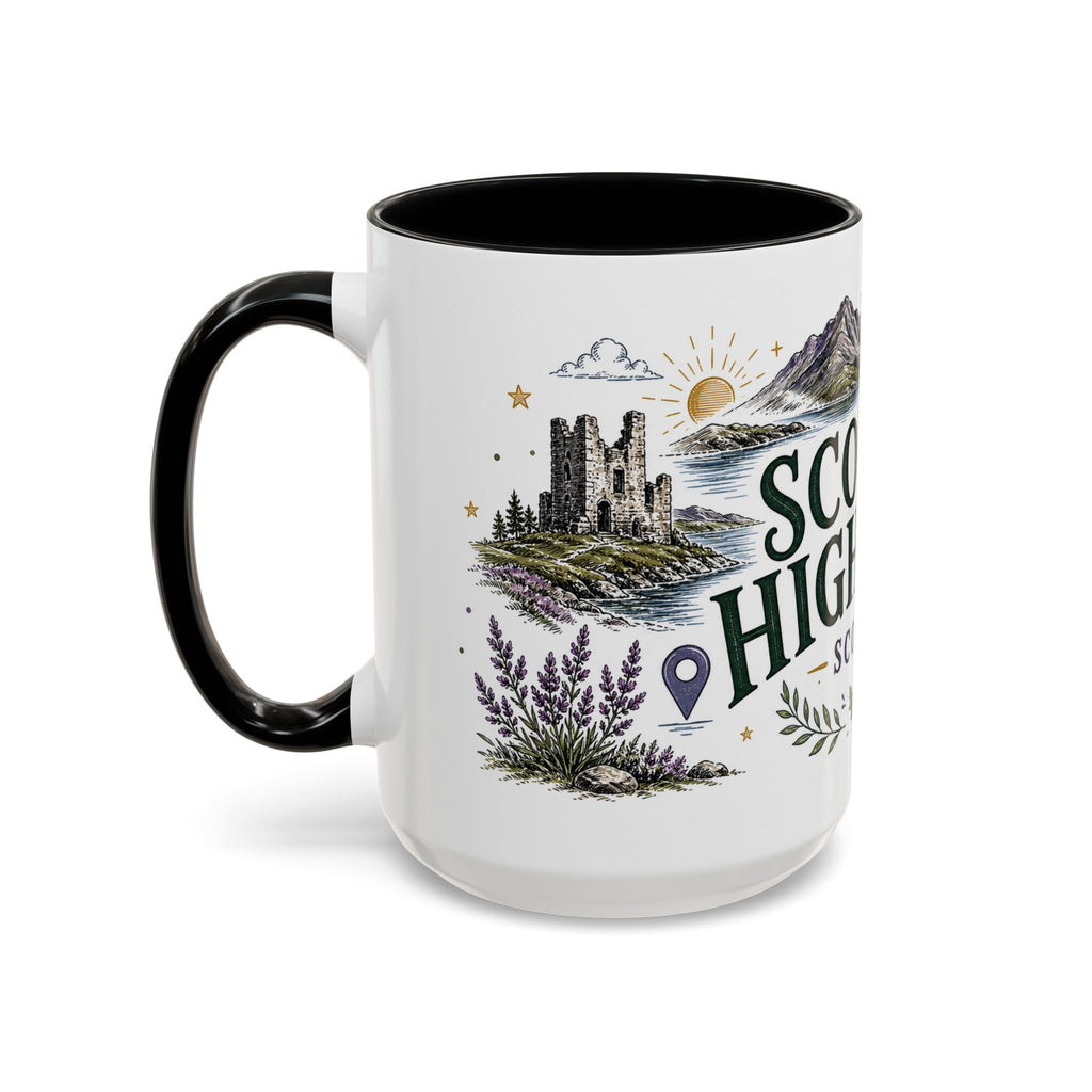 Scottish Highlands Coffee Mug | Travel Destination Souvenir Gift | Accent Color Ceramic 11oz 15oz