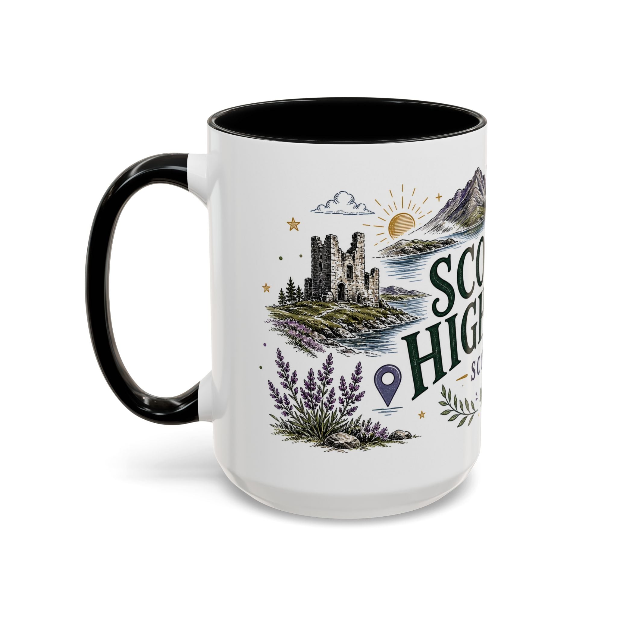 Scottish Highlands Coffee Mug | Travel Destination Souvenir Gift | Accent Color Ceramic 11oz 15oz