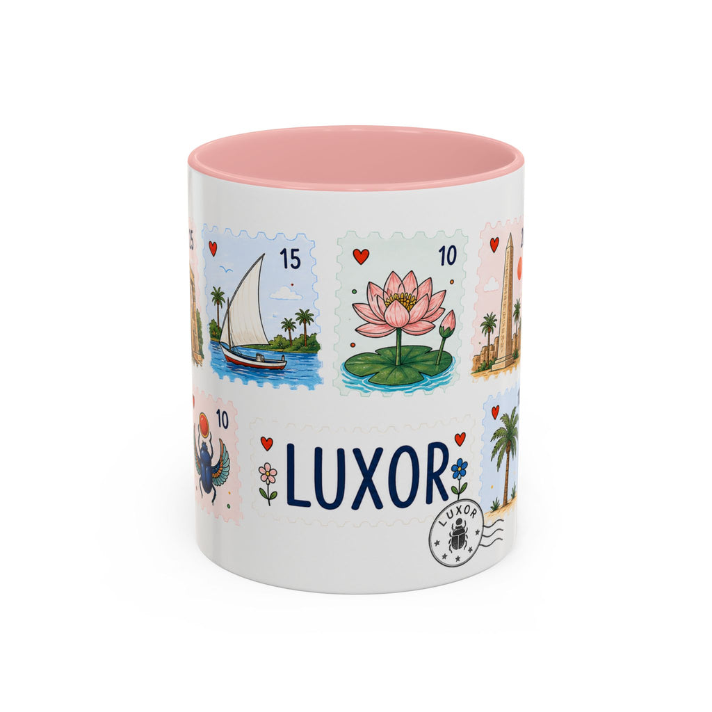 Luxor Coffee Mug | Postage Stamp Collage Mug | Travel Souvenir Accent Cup 11oz 15oz