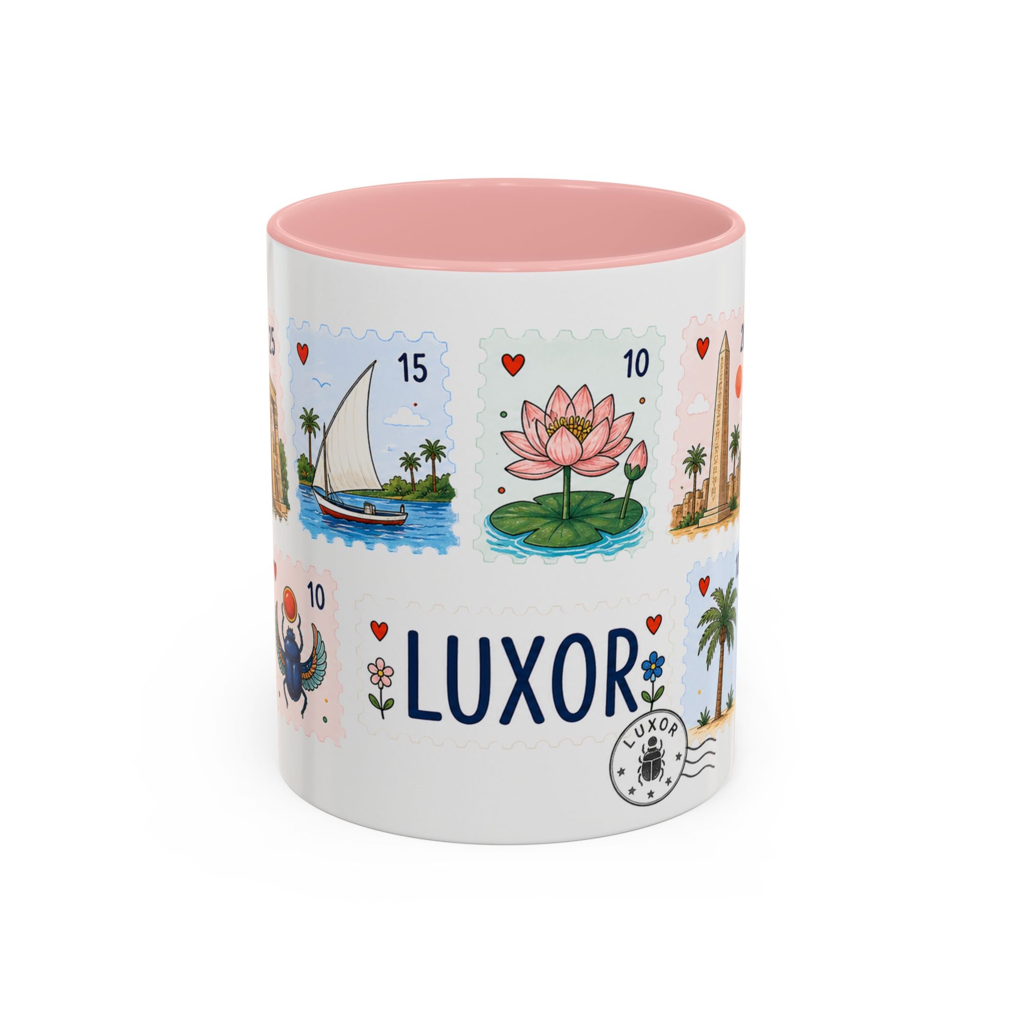 Luxor Coffee Mug | Postage Stamp Collage Mug | Travel Souvenir Accent Cup 11oz 15oz