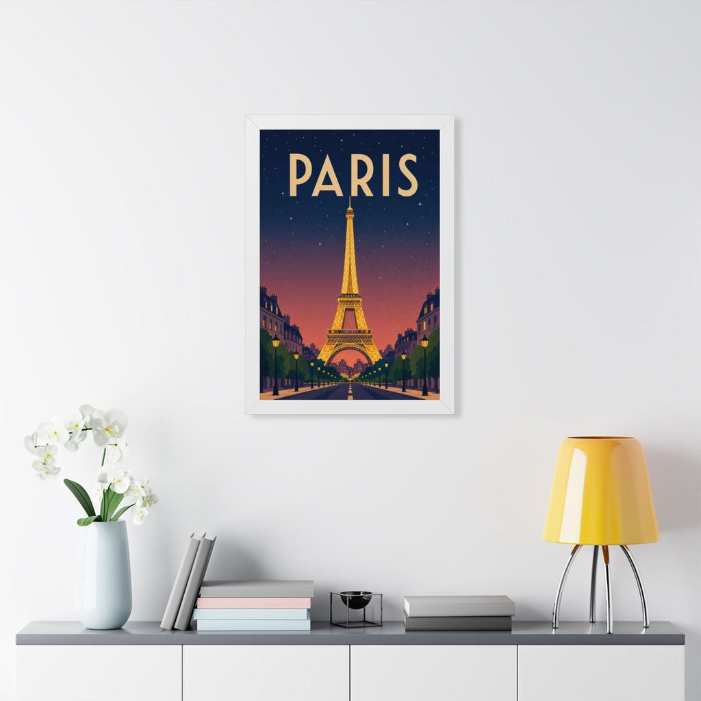 Paris at Night France Framed Poster | Vintage Travel Wall Art | Black Walnut White Frame | 16x24 20x30