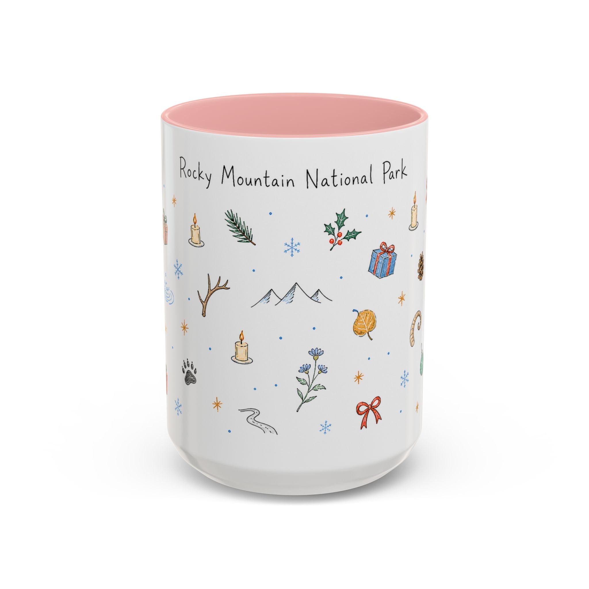 Rocky Mountain National Park Christmas Mug | Watercolor Travel Souvenir | Holiday Gift | Accent Ceramic Coffee Cup 11oz 15oz