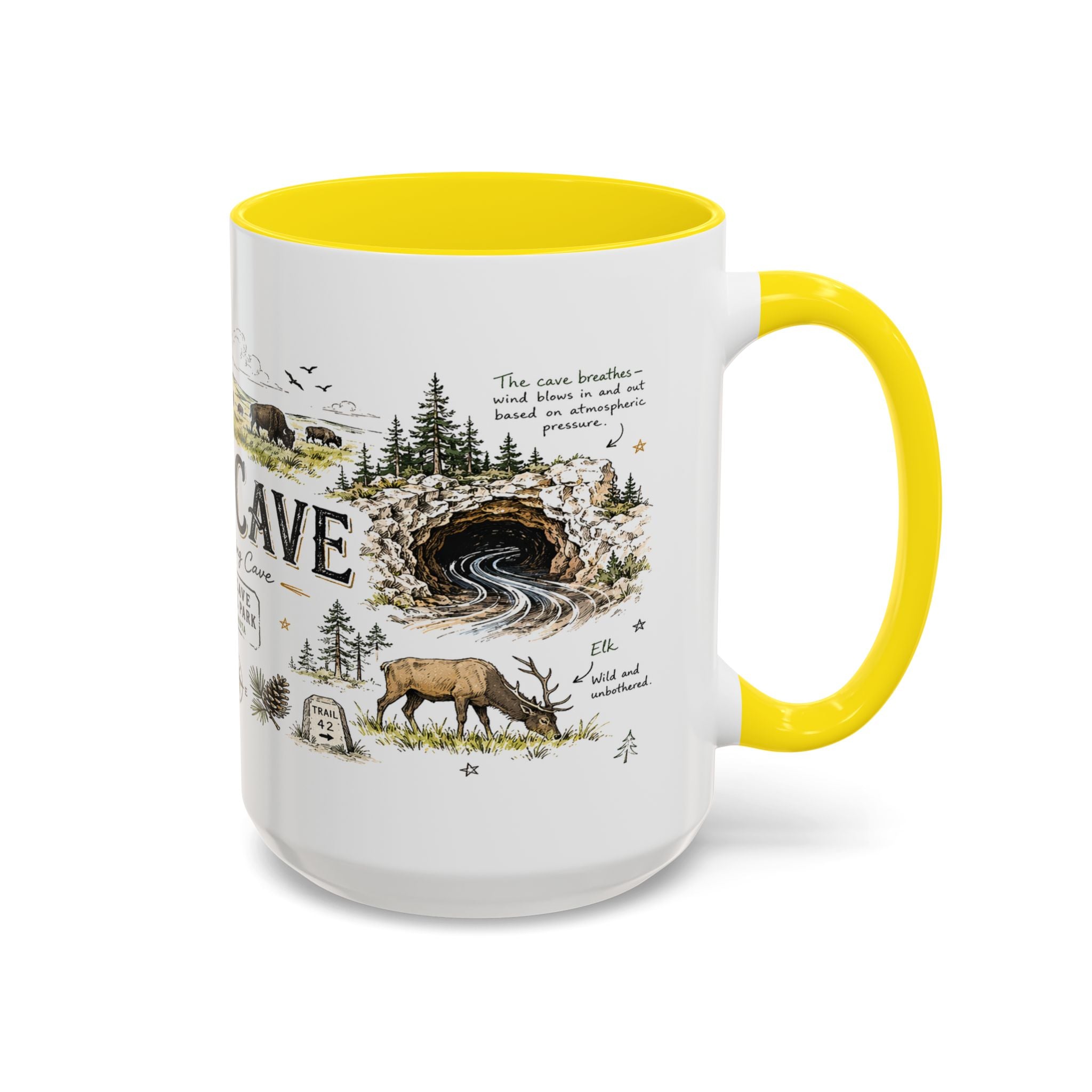 Wind Cave National Park Coffee Mug | South Dakota Cave Bison Prairie Gift | Accent Color Ceramic 11oz 15oz