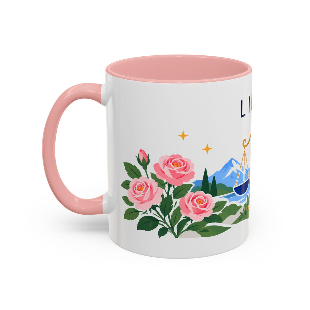 Libra Zodiac Coffee Mug | Scales and Rose Design | Astrology Birthday Gift | 11 oz 15 oz Ceramic Accent Mug