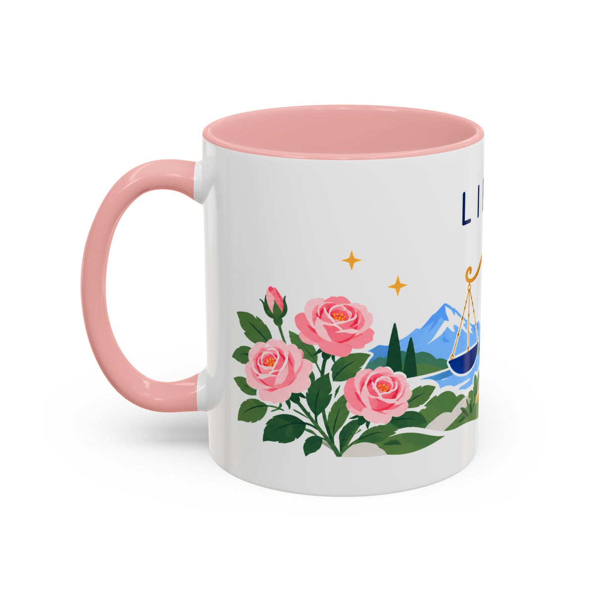 Libra Zodiac Coffee Mug | Scales and Rose Design | Astrology Birthday Gift | 11 oz 15 oz Ceramic Accent Mug