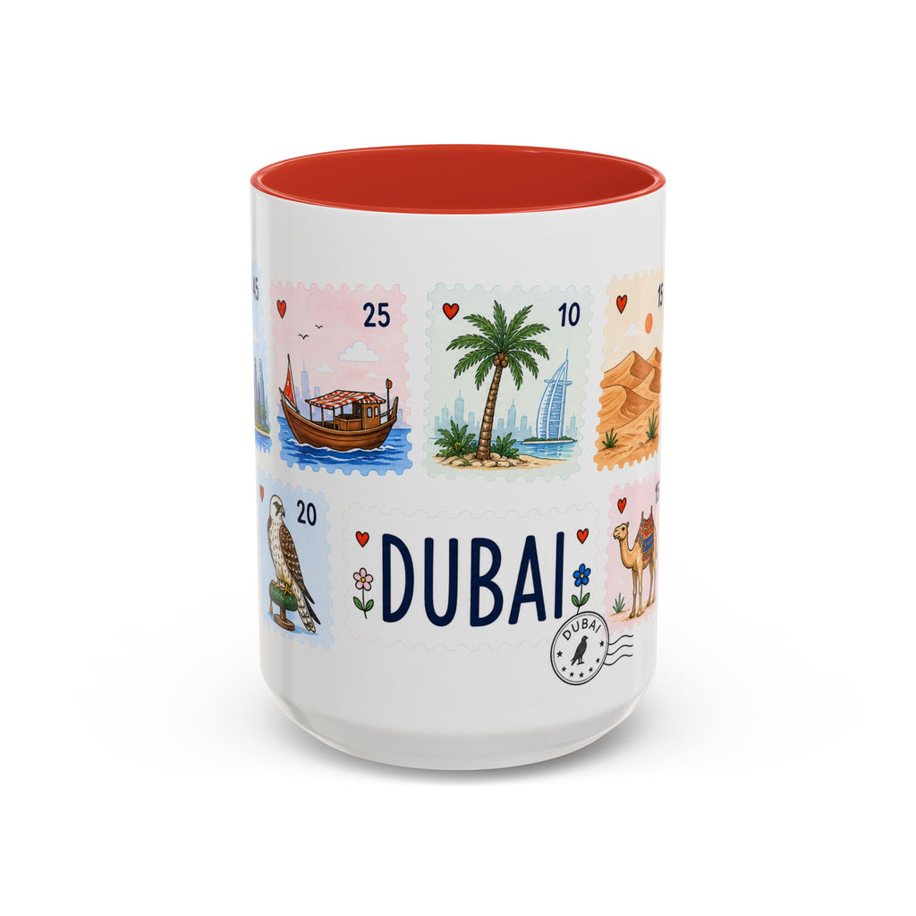 Dubai Coffee Mug | Postage Stamp Collage Mug | Travel Souvenir Accent Cup 11oz 15oz