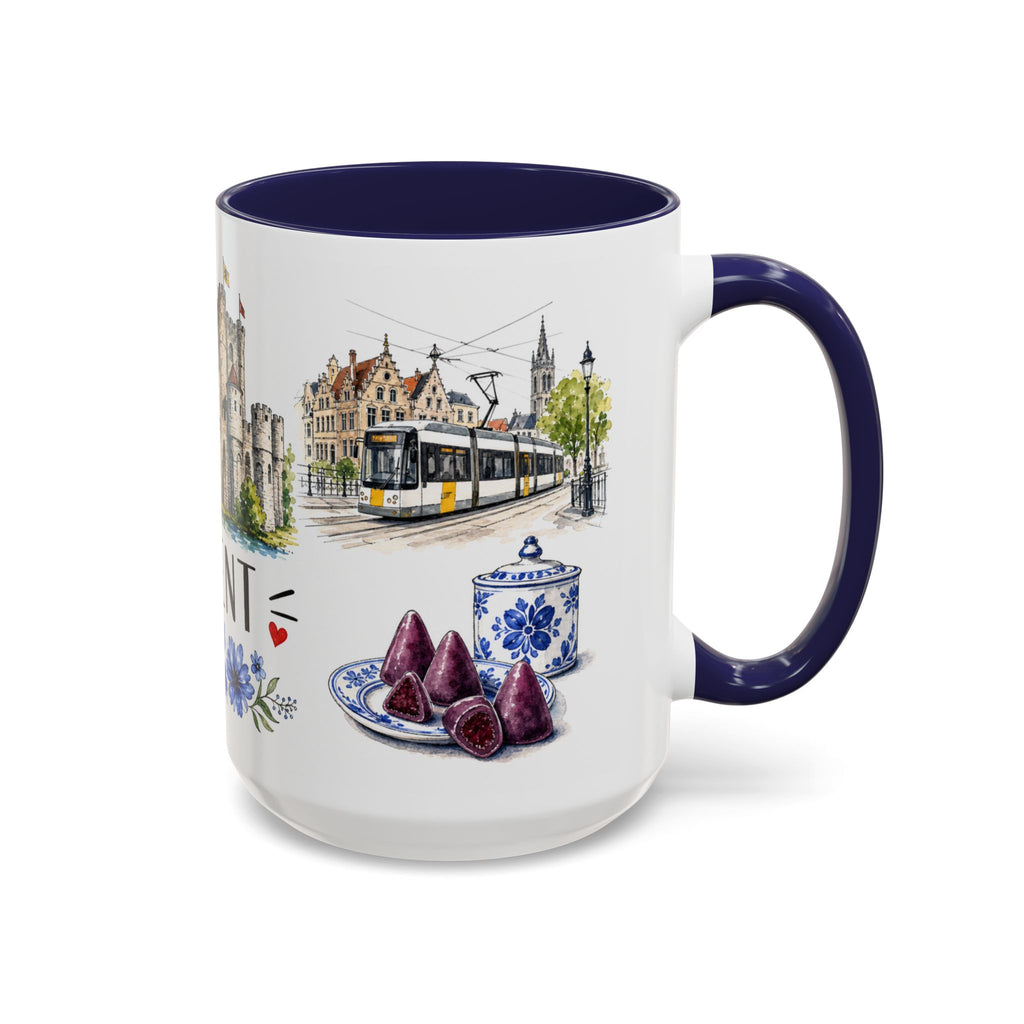 Ghent Illustrated Travel Mug | City Souvenir Accent Coffee Mug | 11oz 15oz Ceramic Cup
