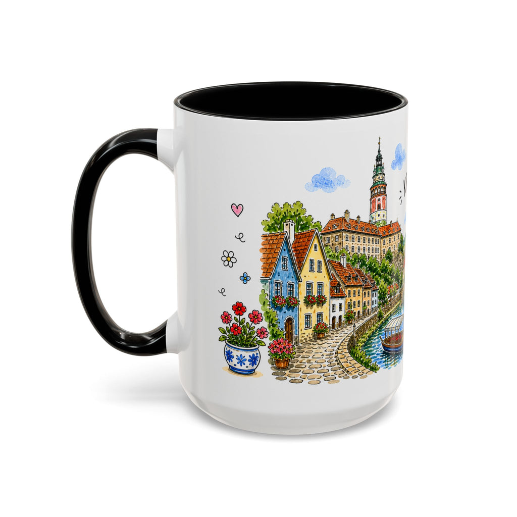 Cesky Krumlov Illustrated Travel Mug | Czechia Souvenir Accent Coffee Mug | 11oz 15oz Ceramic Cup