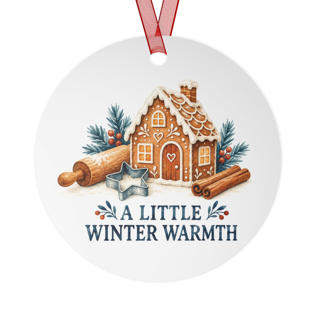 A Little Winter Warmth Baking Round Metal Ornament | Holiday Gift