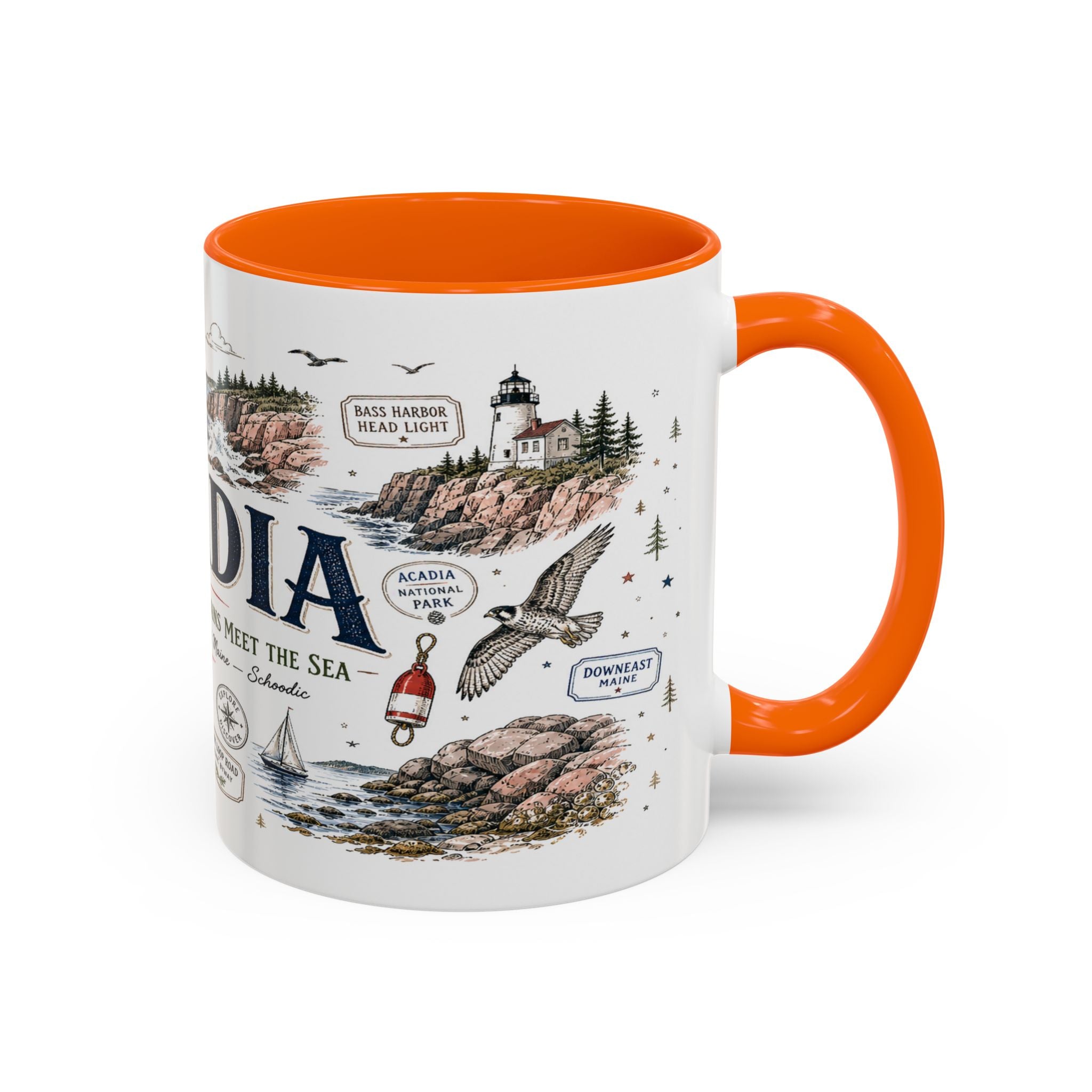 Acadia Coffee Mug | National Park Hiking Coastal Gift | Accent Color Ceramic 11oz 15oz