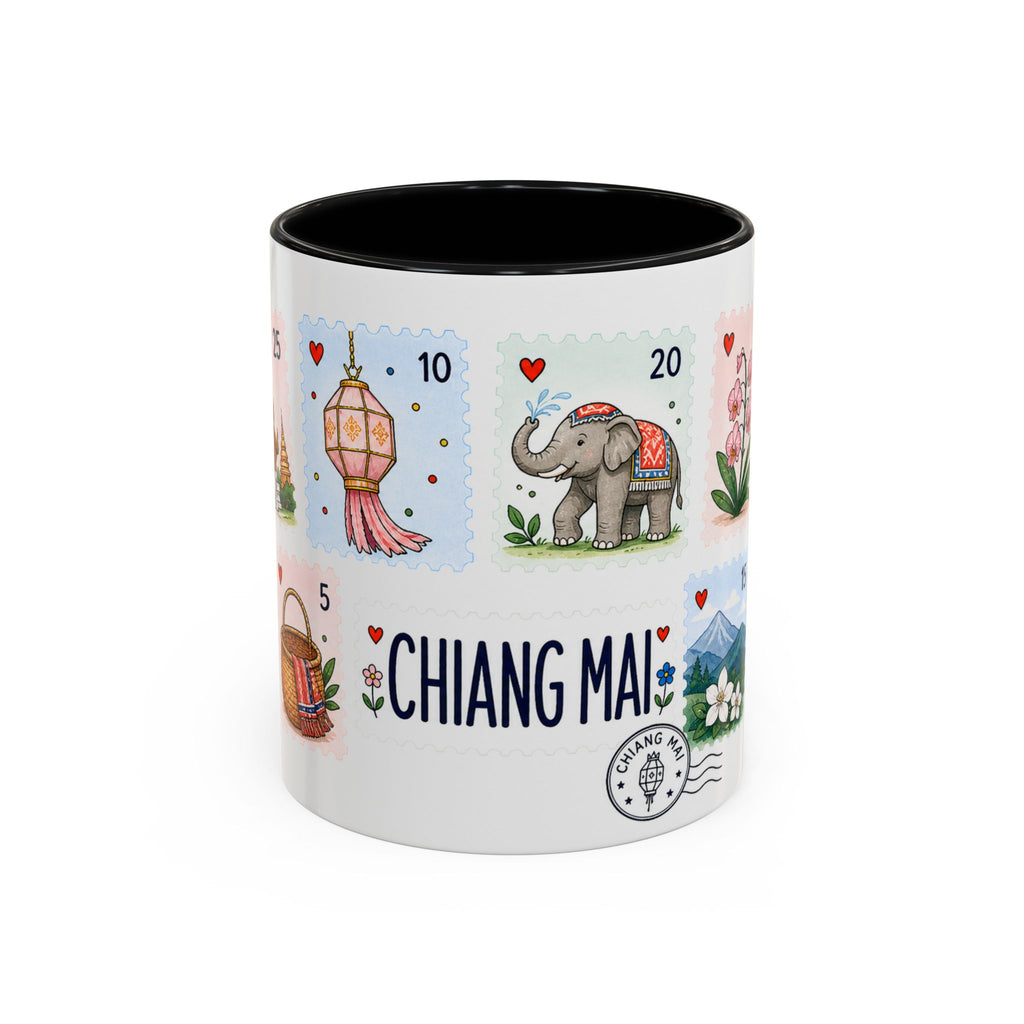 Chiang Mai Coffee Mug | Postage Stamp Collage Mug | Travel Souvenir Accent Cup 11oz 15oz