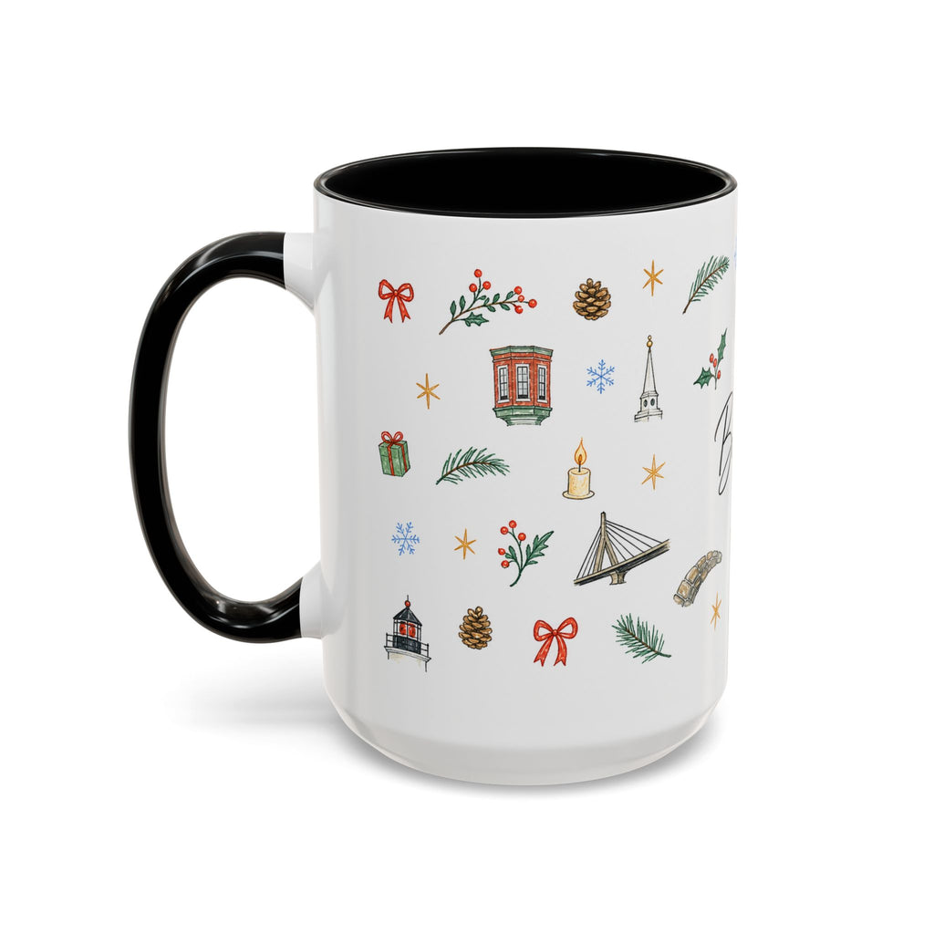 Boston Christmas Mug | Watercolor Travel Souvenir | Holiday Gift | Accent Ceramic Coffee Cup 11oz 15oz