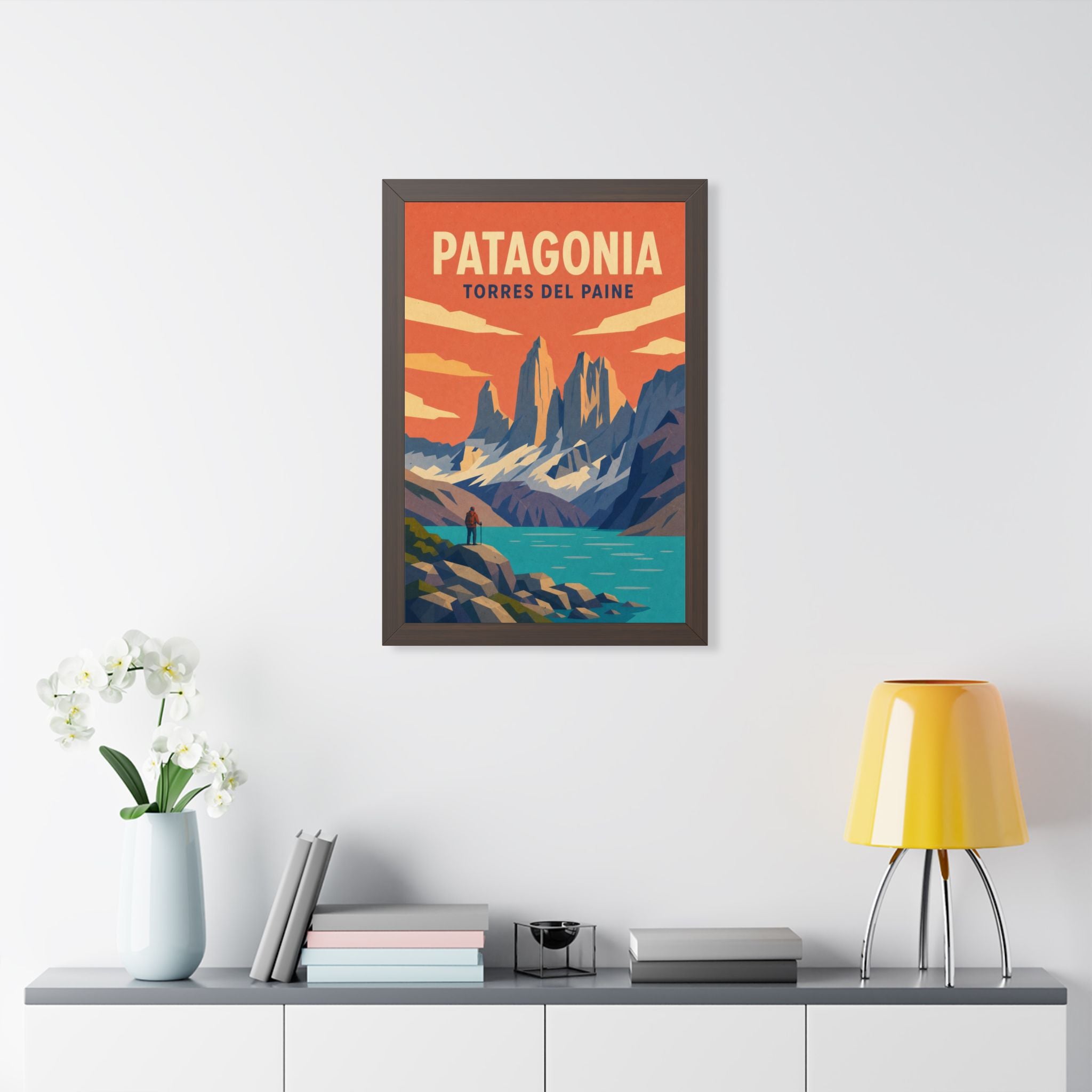 Torres del Paine Chile Framed Poster | Vintage Travel Wall Art | Black Walnut White Frame | 16x24 20x30