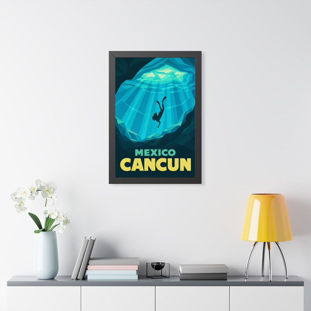 Cancún Cenote Mexico Framed Poster | Vintage Travel Wall Art | Black Walnut White Frame | 16x24 20x30
