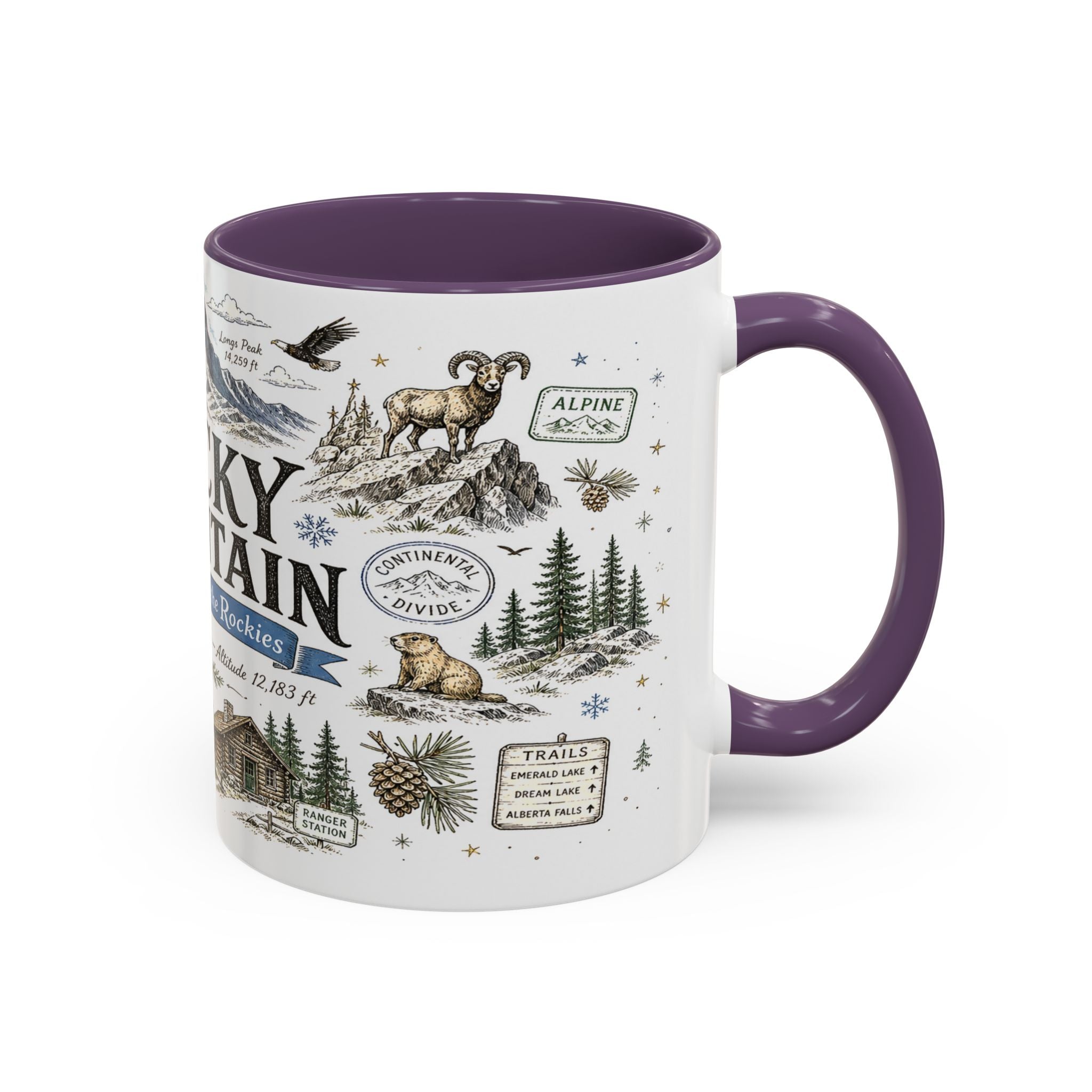 Rocky Mountain Coffee Mug | National Park Hiking Camping Gift | Accent Color Ceramic 11oz 15oz