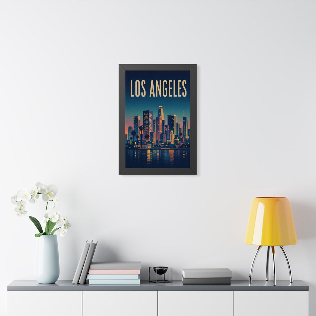 Los Angeles at Night United States Framed Poster | Vintage Travel Wall Art | Black Walnut White Frame | 16x24 20x30