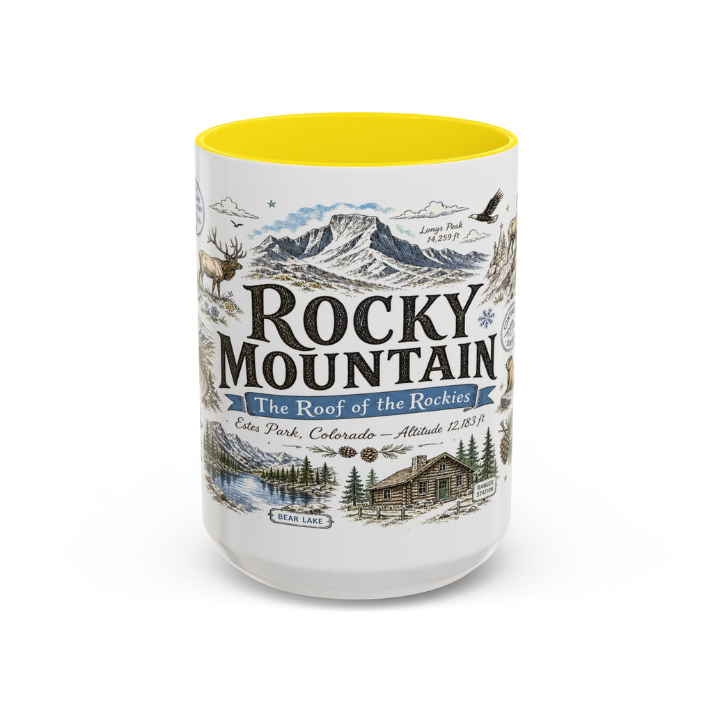 Rocky Mountain Coffee Mug | National Park Hiking Camping Gift | Accent Color Ceramic 11oz 15oz