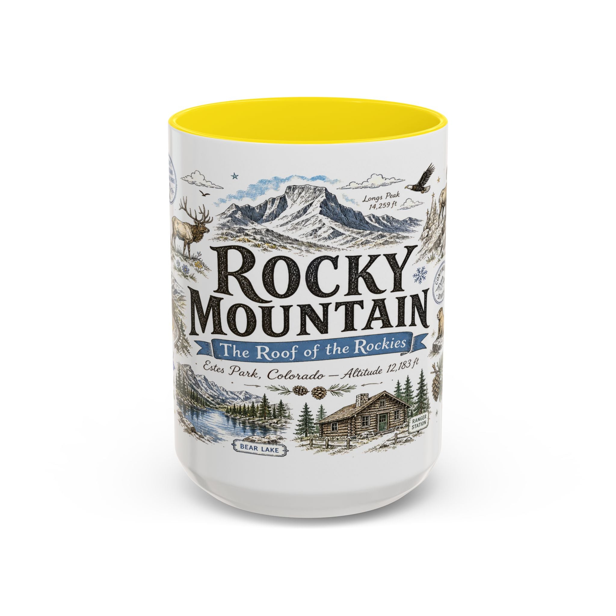 Rocky Mountain Coffee Mug | National Park Hiking Camping Gift | Accent Color Ceramic 11oz 15oz