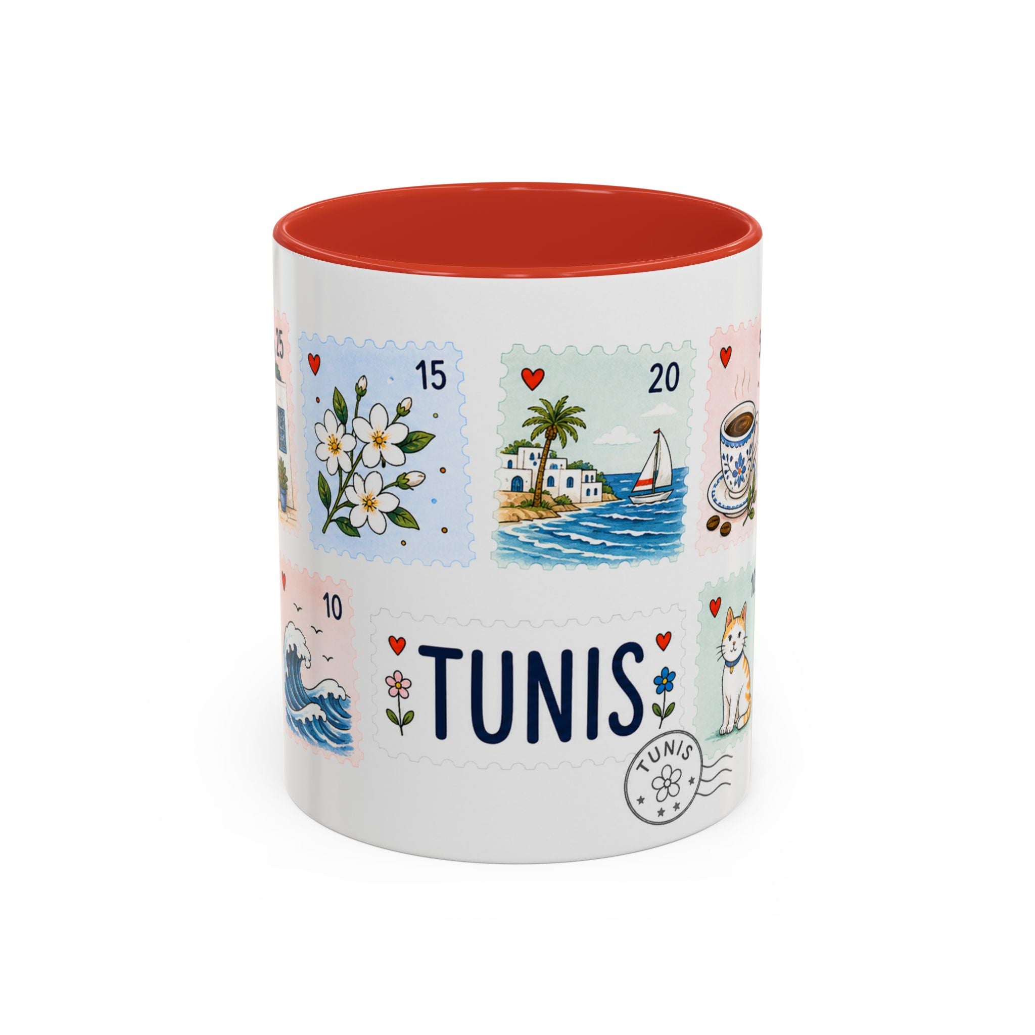 Tunis Coffee Mug | Postage Stamp Collage Mug | Travel Souvenir Accent Cup 11oz 15oz