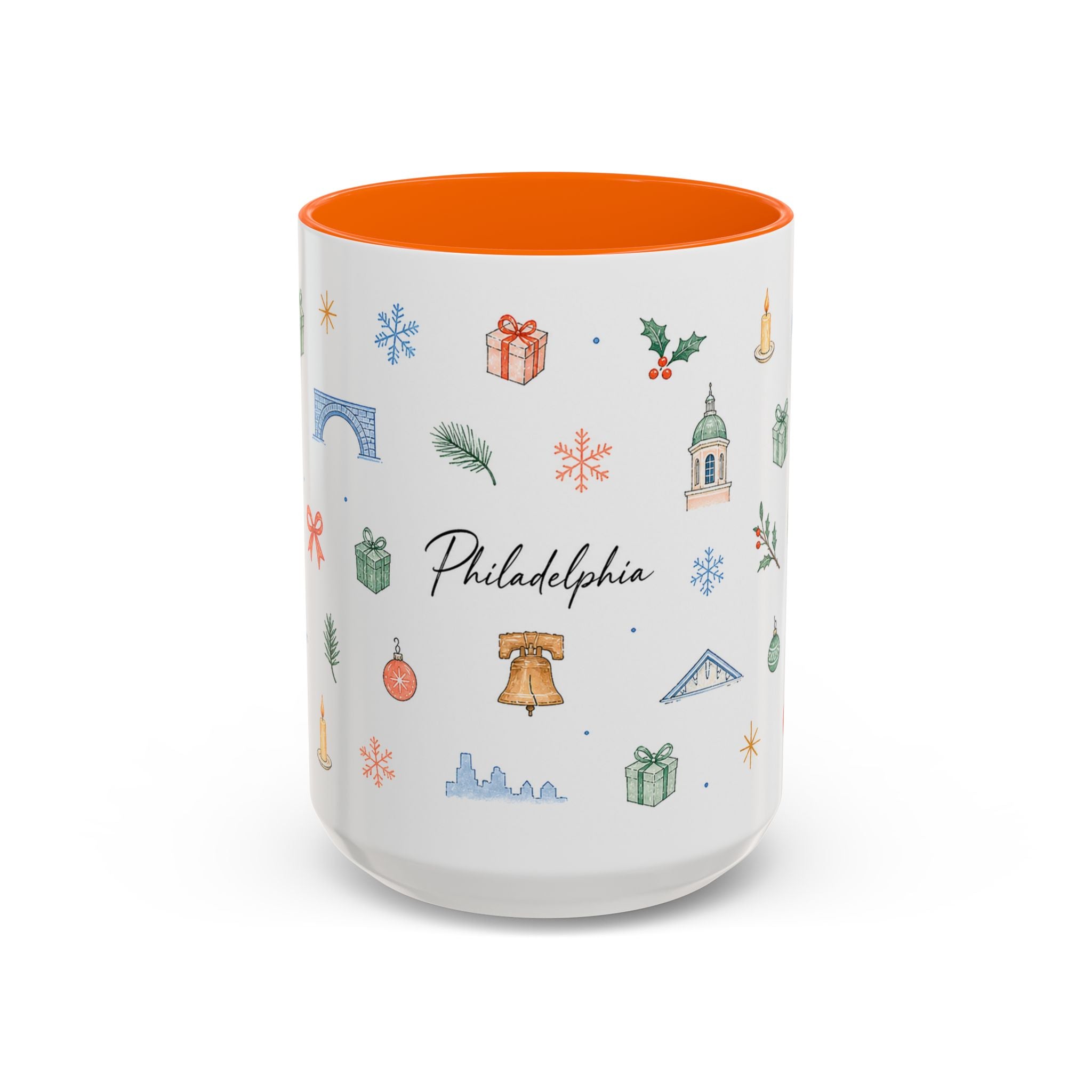 Philadelphia Christmas Mug | Watercolor Travel Souvenir | Holiday Gift | Accent Ceramic Coffee Cup 11oz 15oz