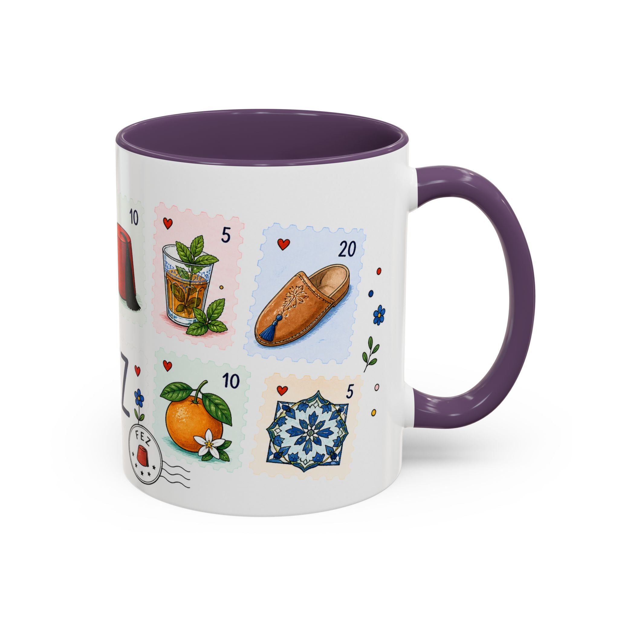 Fez Coffee Mug | Postage Stamp Collage Mug | Travel Souvenir Accent Cup 11oz 15oz