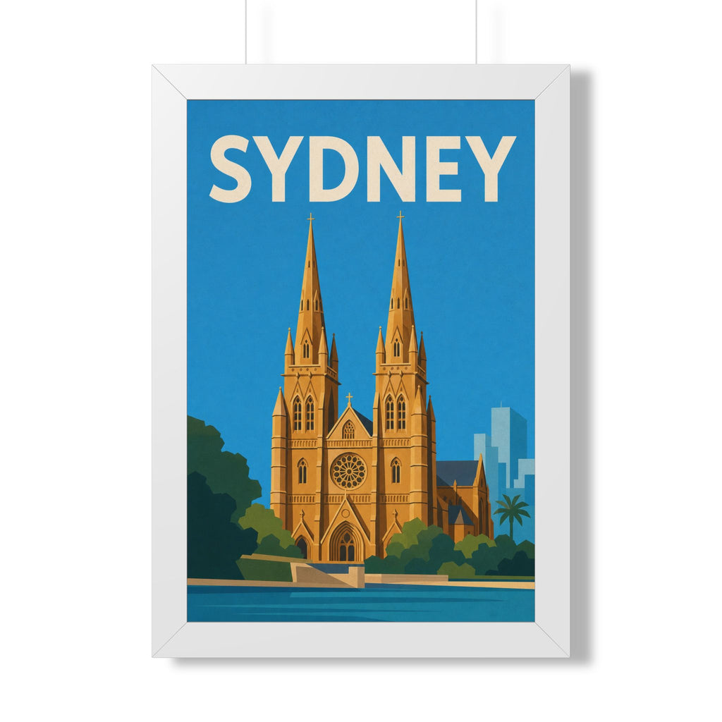 Sydney Cathedral Australia Framed Poster | Vintage Travel Wall Art | Black Walnut White Frame | 16x24 20x30