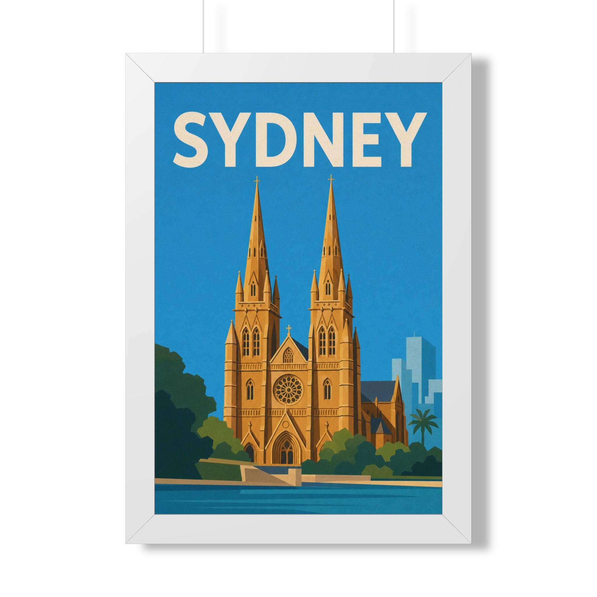 Sydney Cathedral Australia Framed Poster | Vintage Travel Wall Art | Black Walnut White Frame | 16x24 20x30