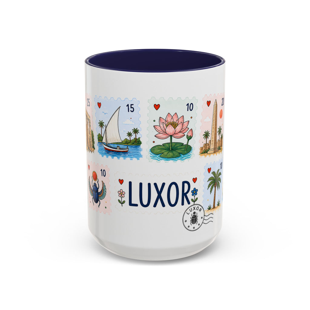 Luxor Coffee Mug | Postage Stamp Collage Mug | Travel Souvenir Accent Cup 11oz 15oz