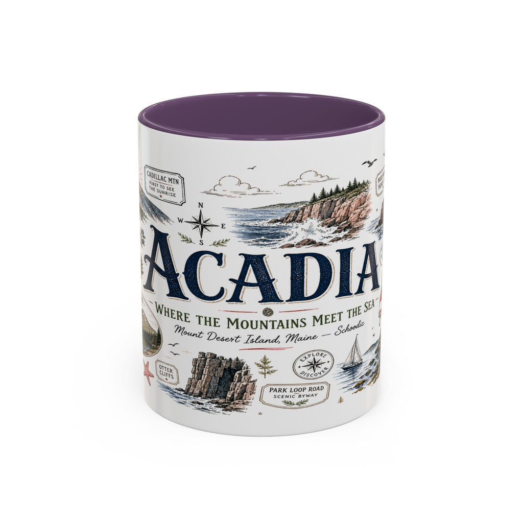 Acadia Coffee Mug | National Park Hiking Coastal Gift | Accent Color Ceramic 11oz 15oz