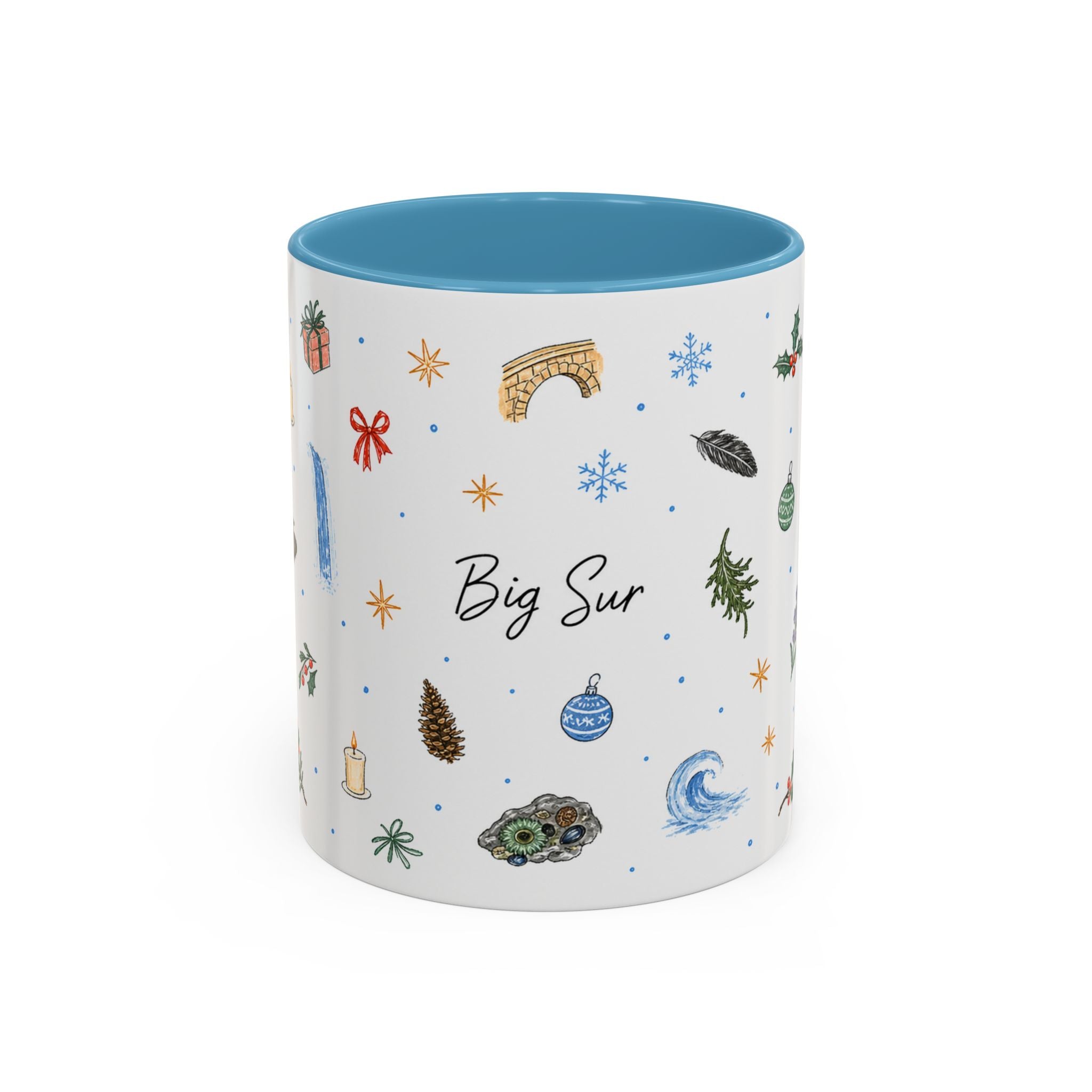Big Sur Christmas Mug | Watercolor Travel Souvenir | Holiday Gift | Accent Ceramic Coffee Cup 11oz 15oz