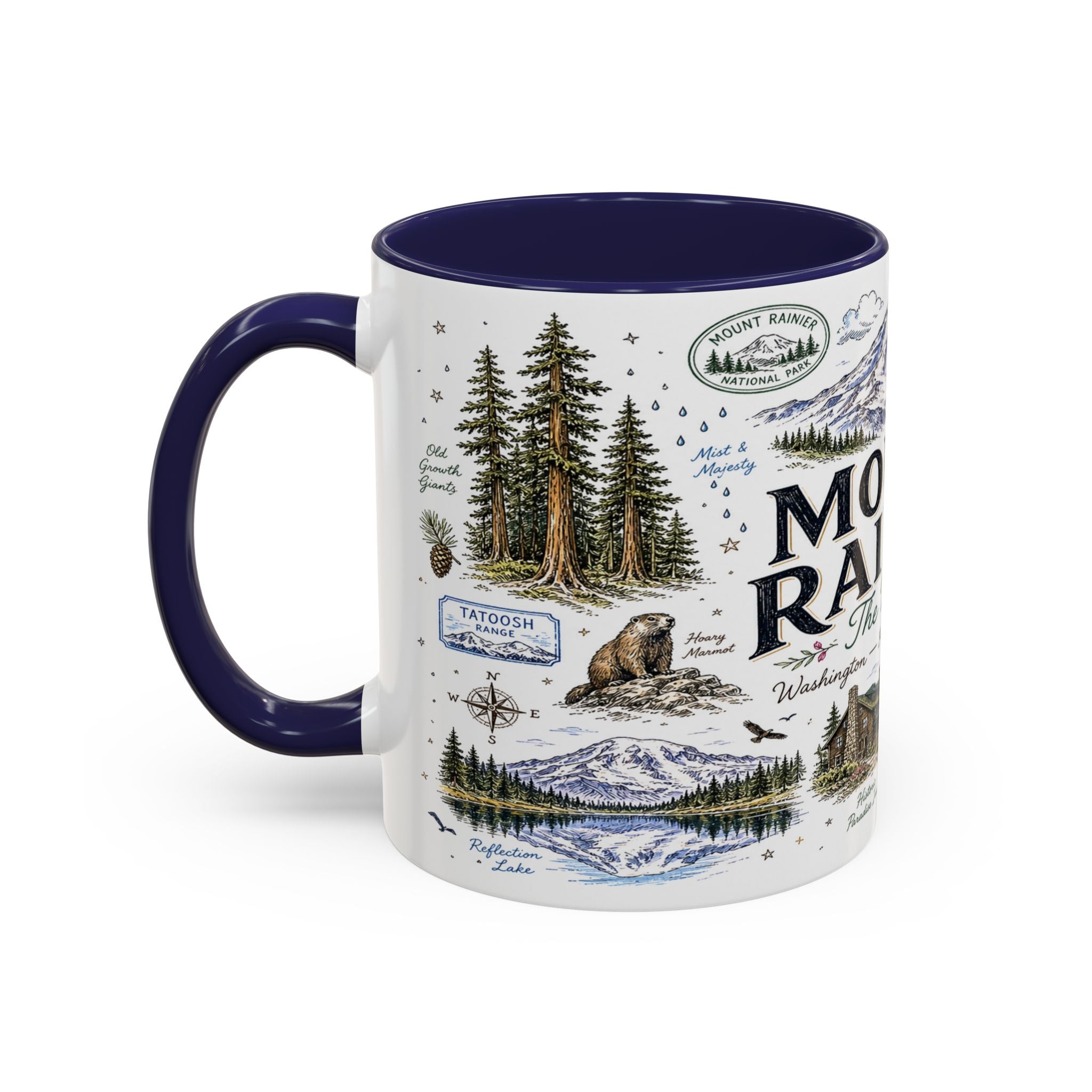 Mount Rainier Coffee Mug | National Park Hiking Washington Gift | Accent Color Ceramic 11oz 15oz