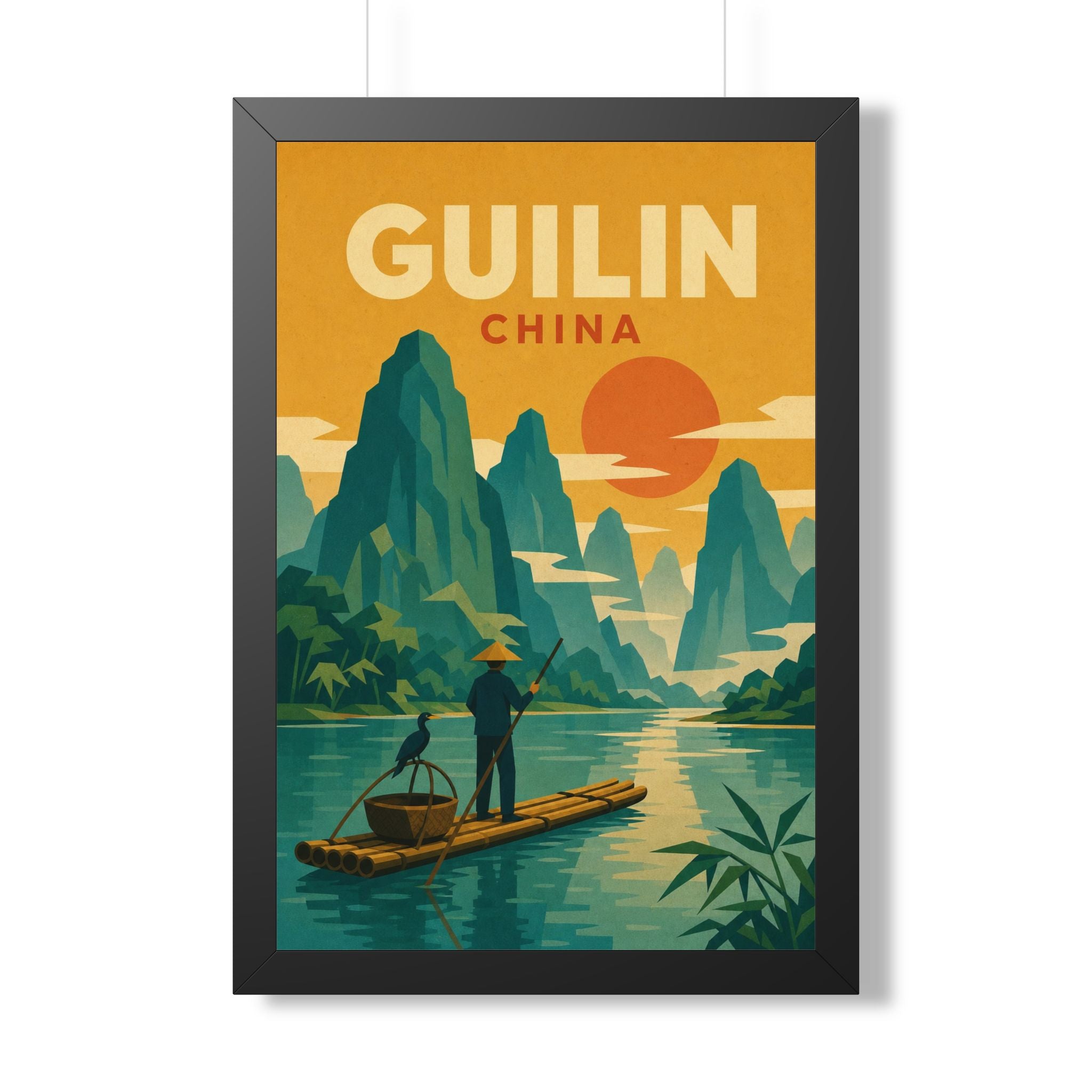 Guilin China Framed Poster | Vintage Travel Wall Art | Black Walnut White Frame | 16x24 20x30