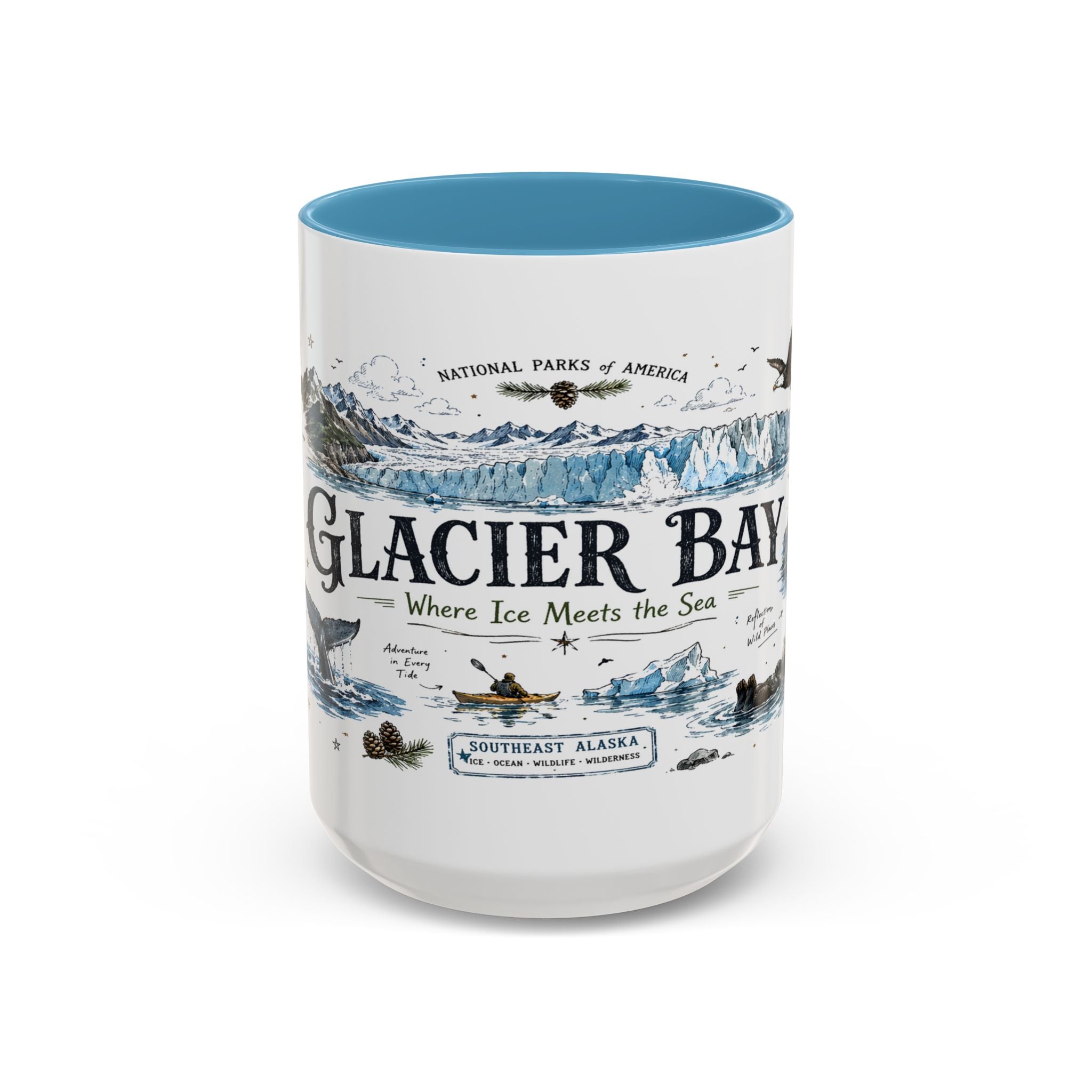 Glacier Bay National Park Coffee Mug | Alaska Wilderness Kayaking Gift | Accent Color Ceramic 11oz 15oz