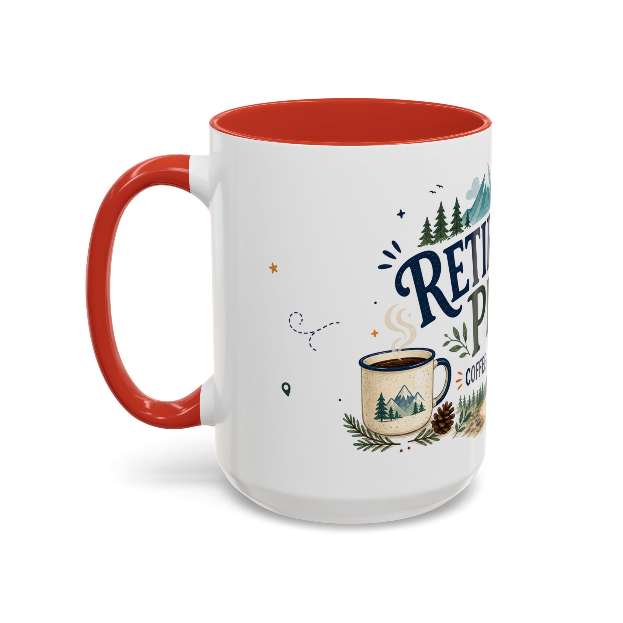 Retirement Plan Coffee And Adventures Mug | Travel Retirement Gift | Accent Color Ceramic 11oz 15oz