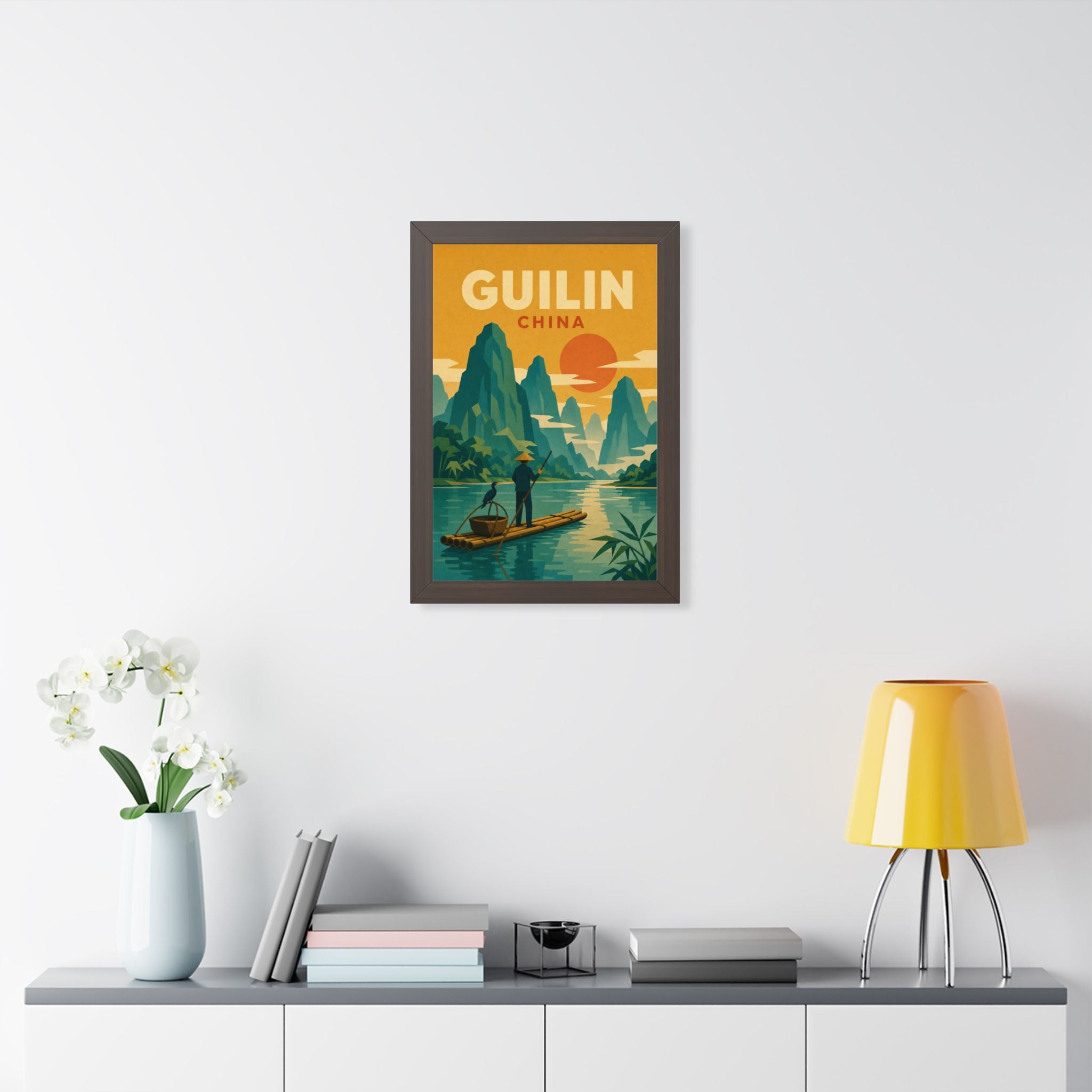 Guilin China Framed Poster | Vintage Travel Wall Art | Black Walnut White Frame | 16x24 20x30