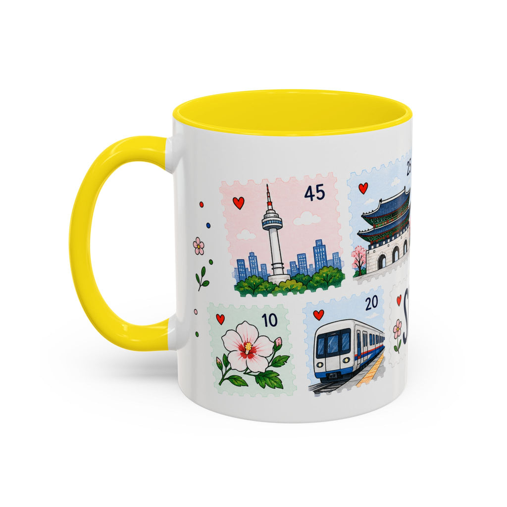 Seoul Coffee Mug | Postage Stamp Collage Mug | Travel Souvenir Accent Cup 11oz 15oz