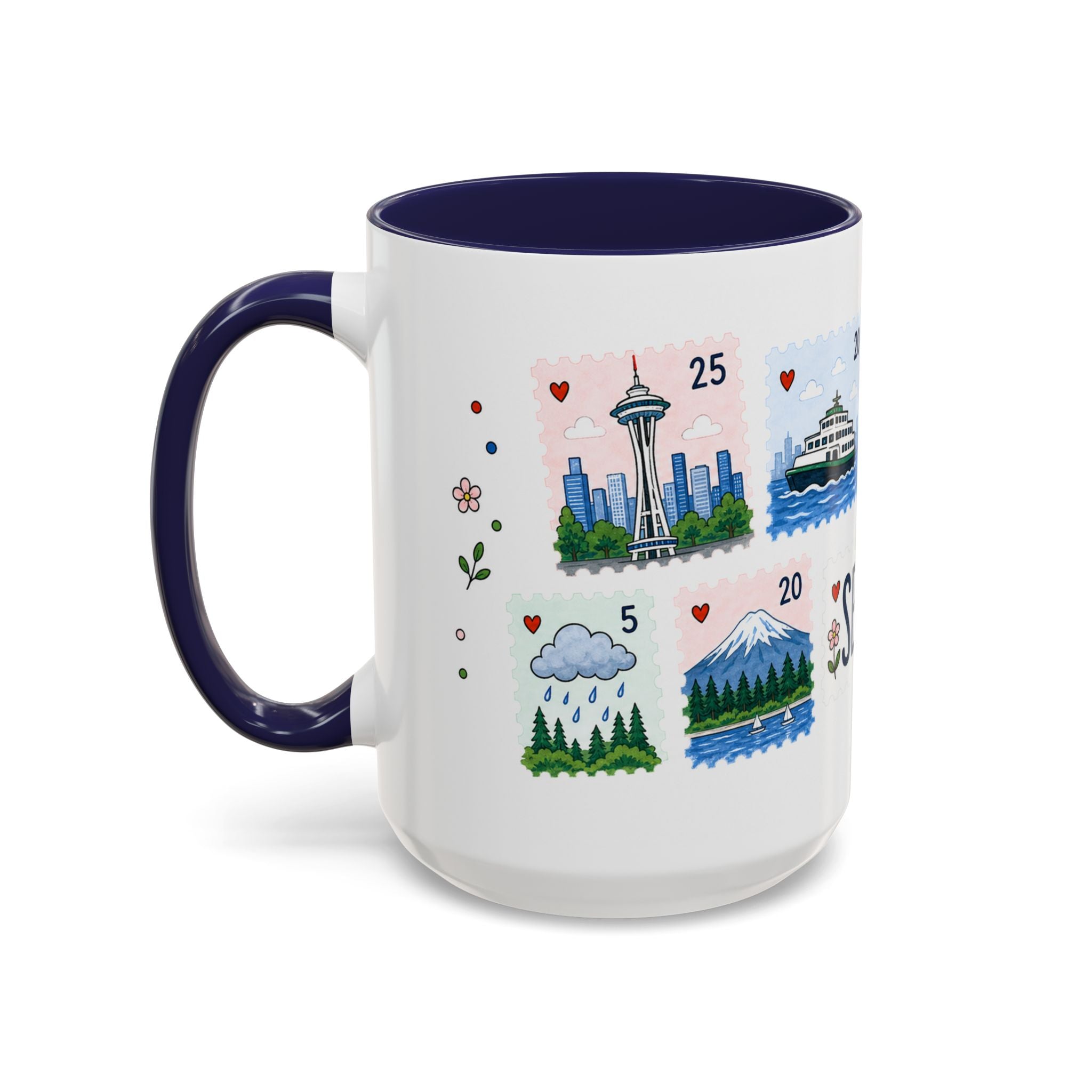 Seattle Coffee Mug | Postage Stamp Collage Mug | Travel Souvenir Accent Cup 11oz 15oz