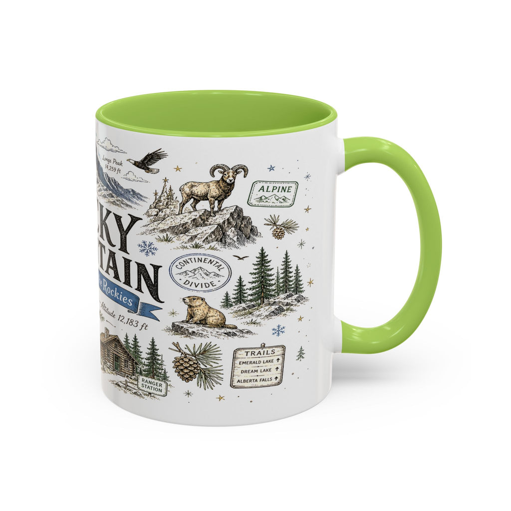Rocky Mountain Coffee Mug | National Park Hiking Camping Gift | Accent Color Ceramic 11oz 15oz