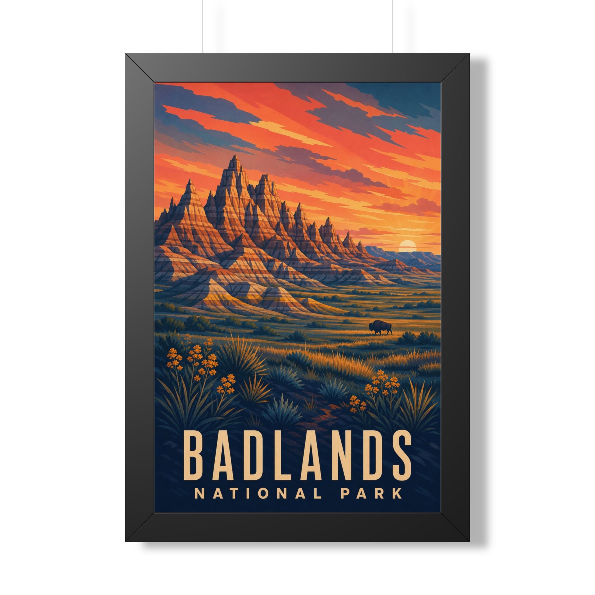 Badlands National Park Framed Poster | Vintage Travel Wall Art | Black Walnut White Frame | 16x24 20x30