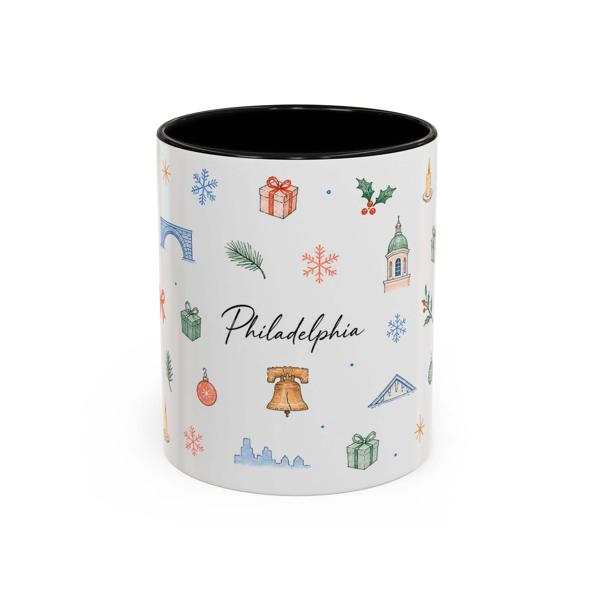 Philadelphia Christmas Mug | Watercolor Travel Souvenir | Holiday Gift | Accent Ceramic Coffee Cup 11oz 15oz