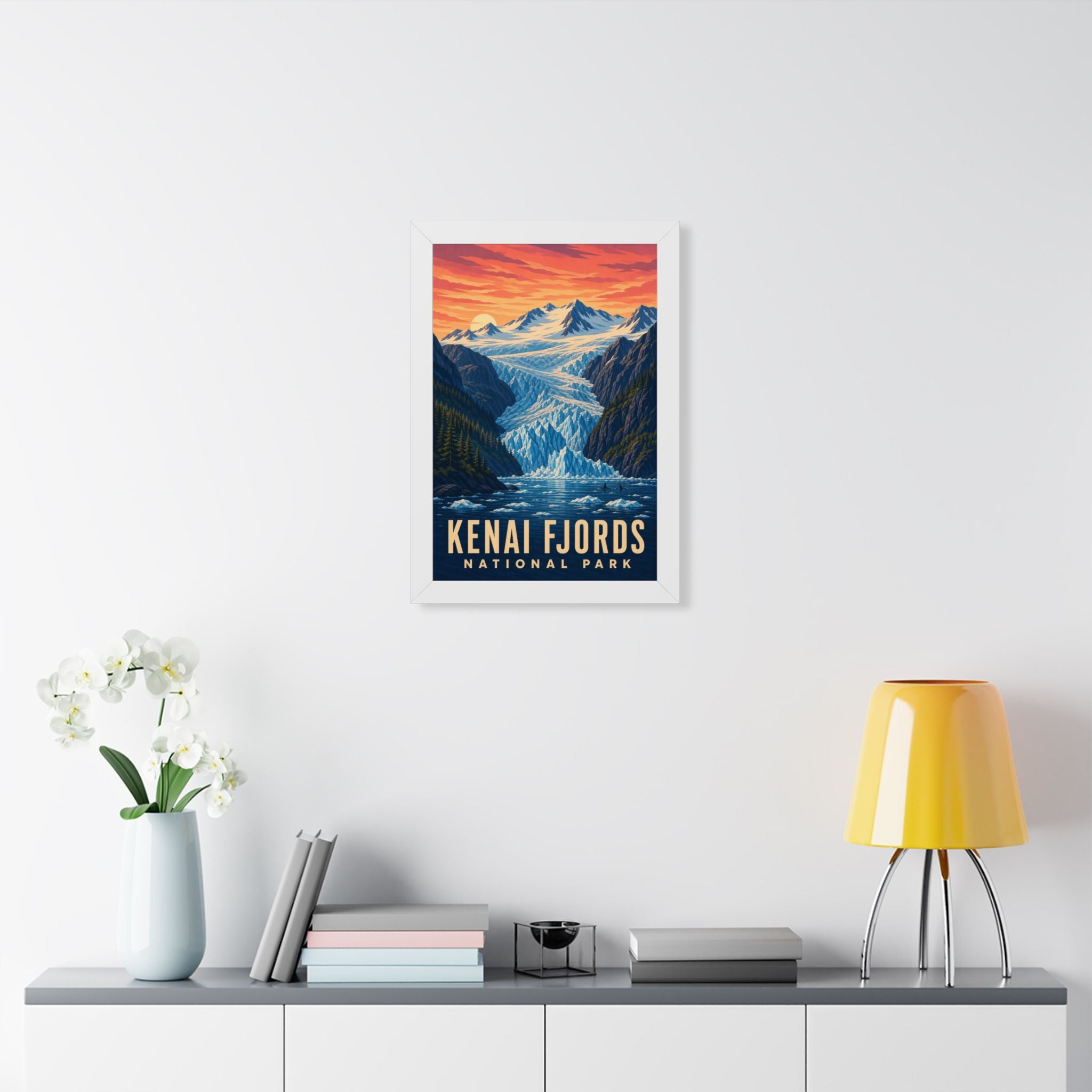 Kenai Fjords National Park Framed Poster | Vintage Travel Wall Art | Black Walnut White Frame | 16x24 20x30