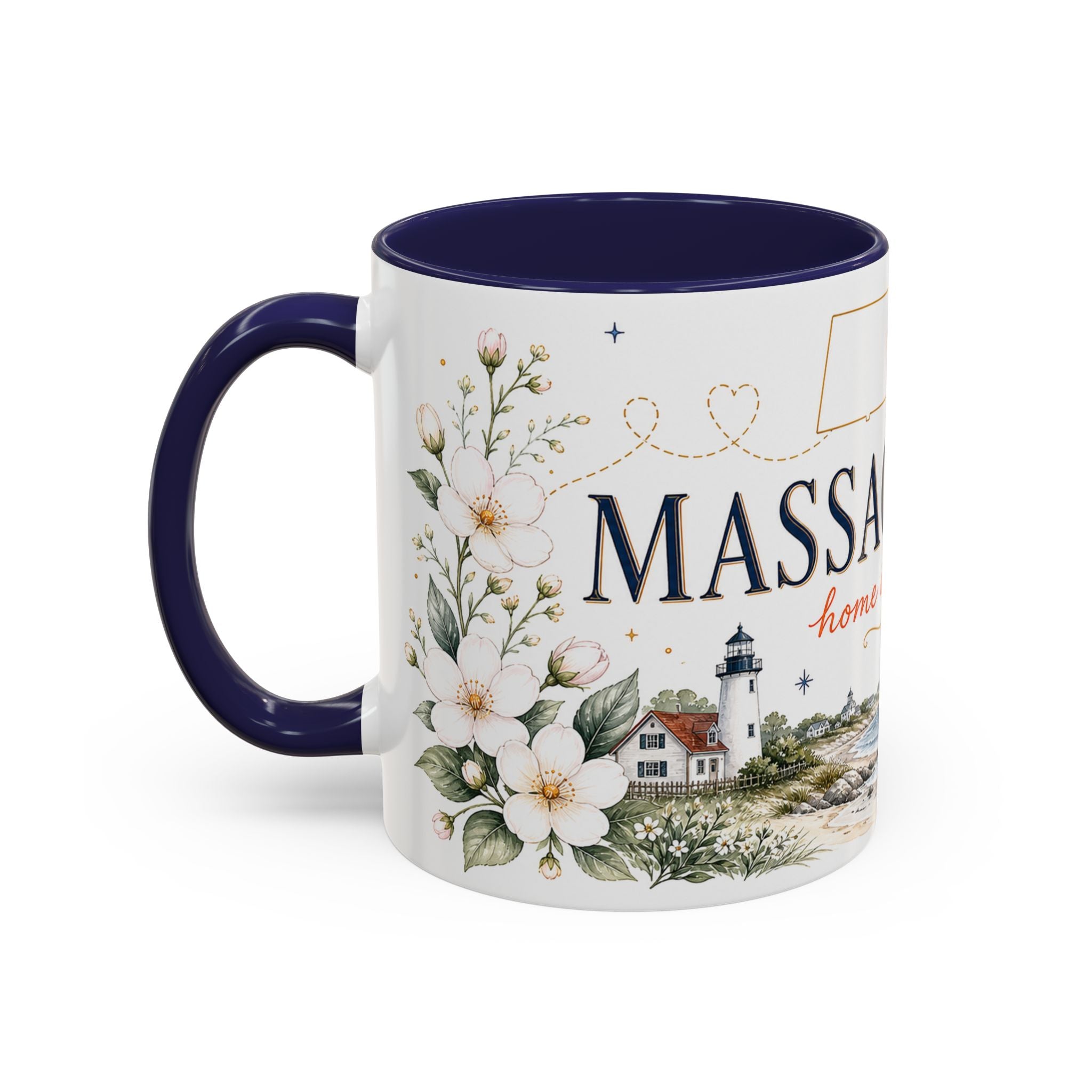 Massachusetts State Map Mug | Coastal Scene, Botanical Accents (11oz, 15oz)