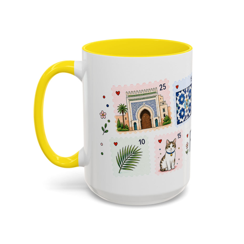 Fez Coffee Mug | Postage Stamp Collage Mug | Travel Souvenir Accent Cup 11oz 15oz