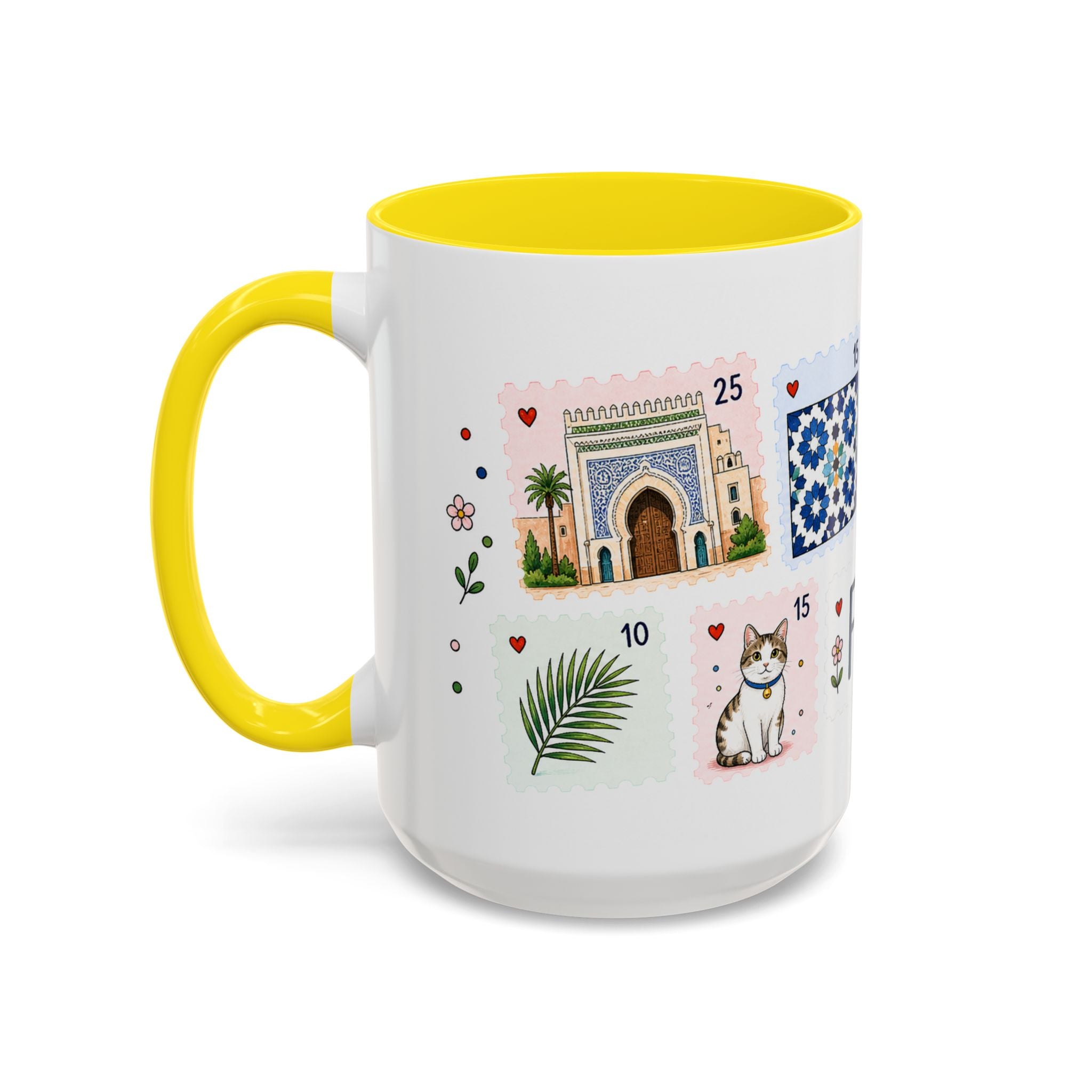 Fez Coffee Mug | Postage Stamp Collage Mug | Travel Souvenir Accent Cup 11oz 15oz