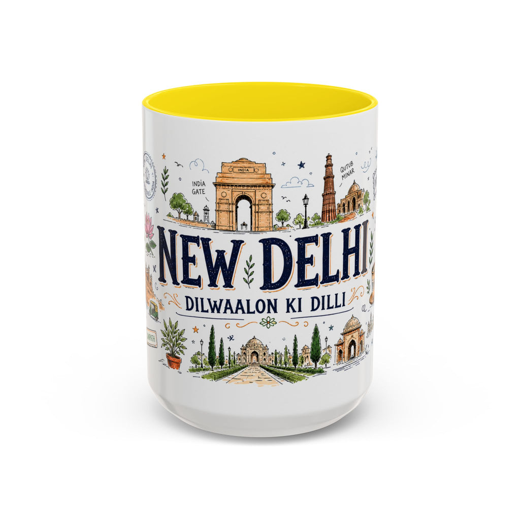 New Delhi Coffee Mug | India Souvenir Travel Gift | Accent Color Ceramic 11oz 15oz