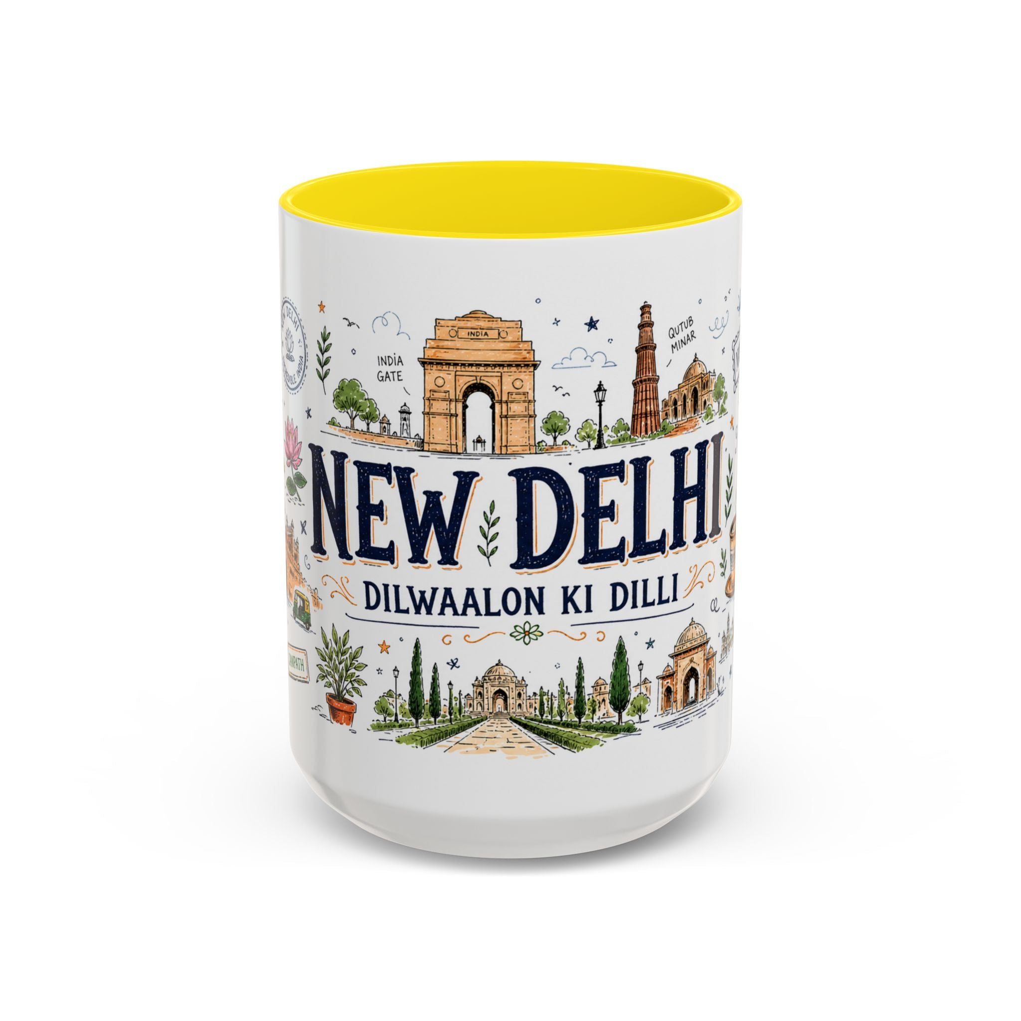 New Delhi Coffee Mug | India Souvenir Travel Gift | Accent Color Ceramic 11oz 15oz
