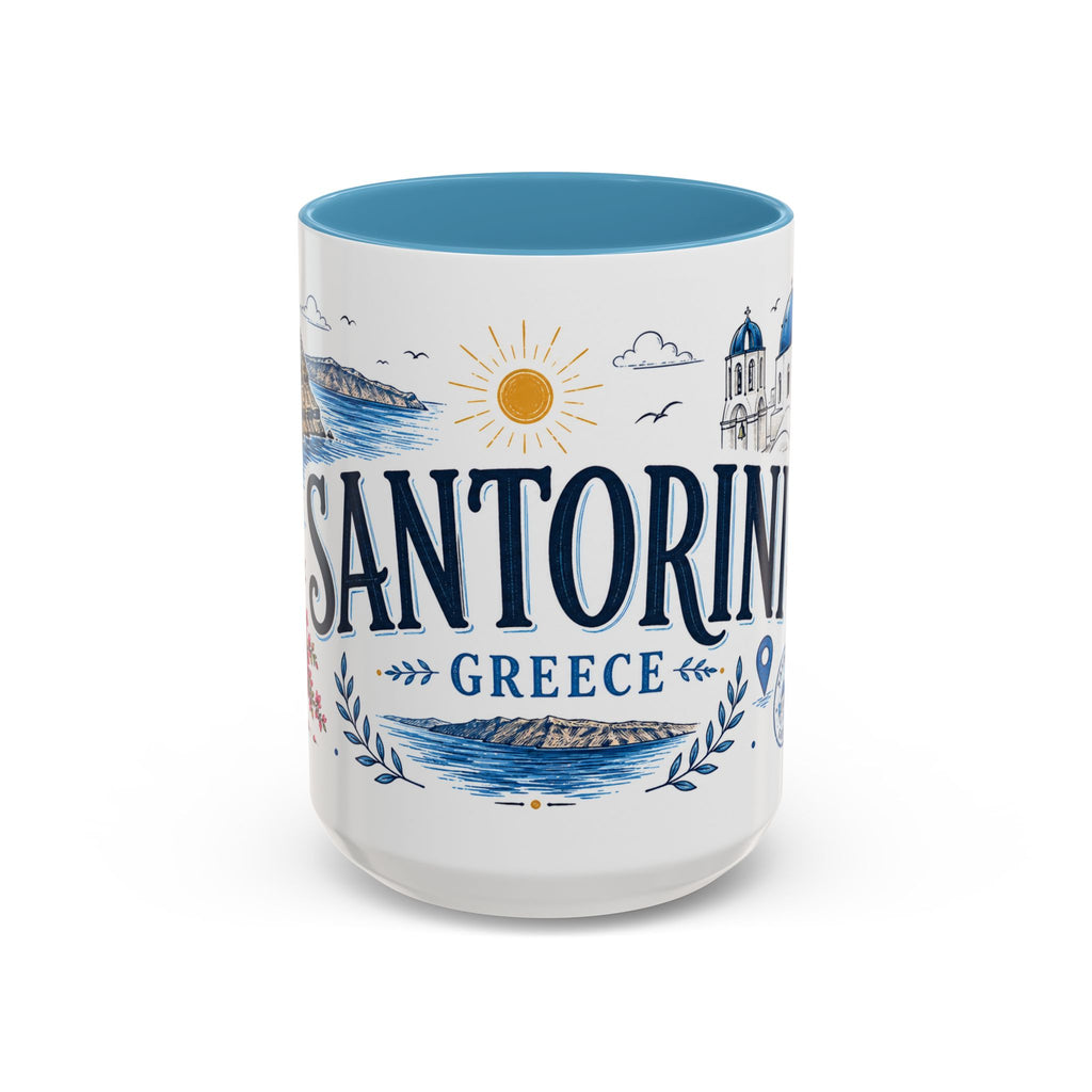 Santorini Coffee Mug | Travel Destination Souvenir Gift | Accent Color Ceramic 11oz 15oz