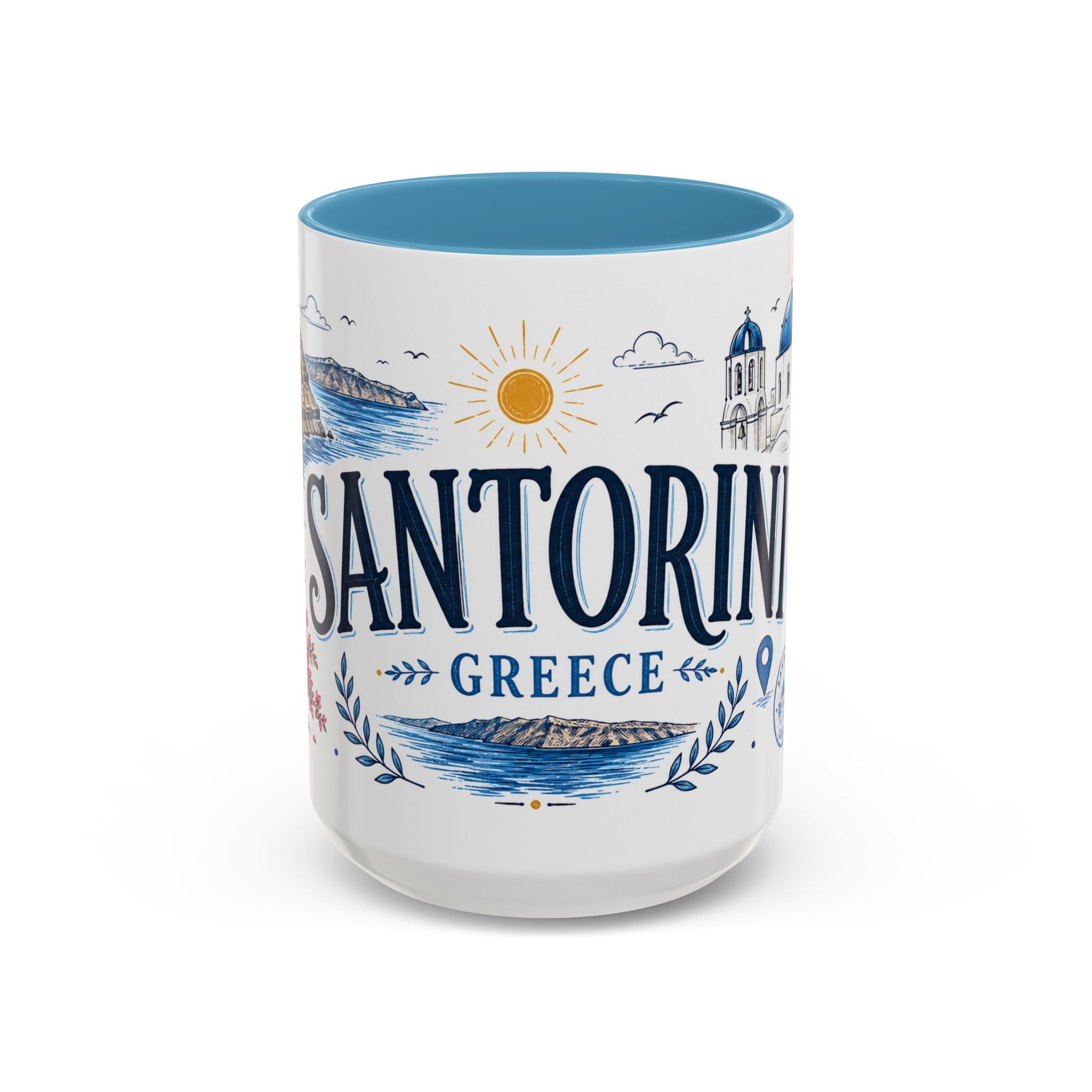 Santorini Coffee Mug | Travel Destination Souvenir Gift | Accent Color Ceramic 11oz 15oz